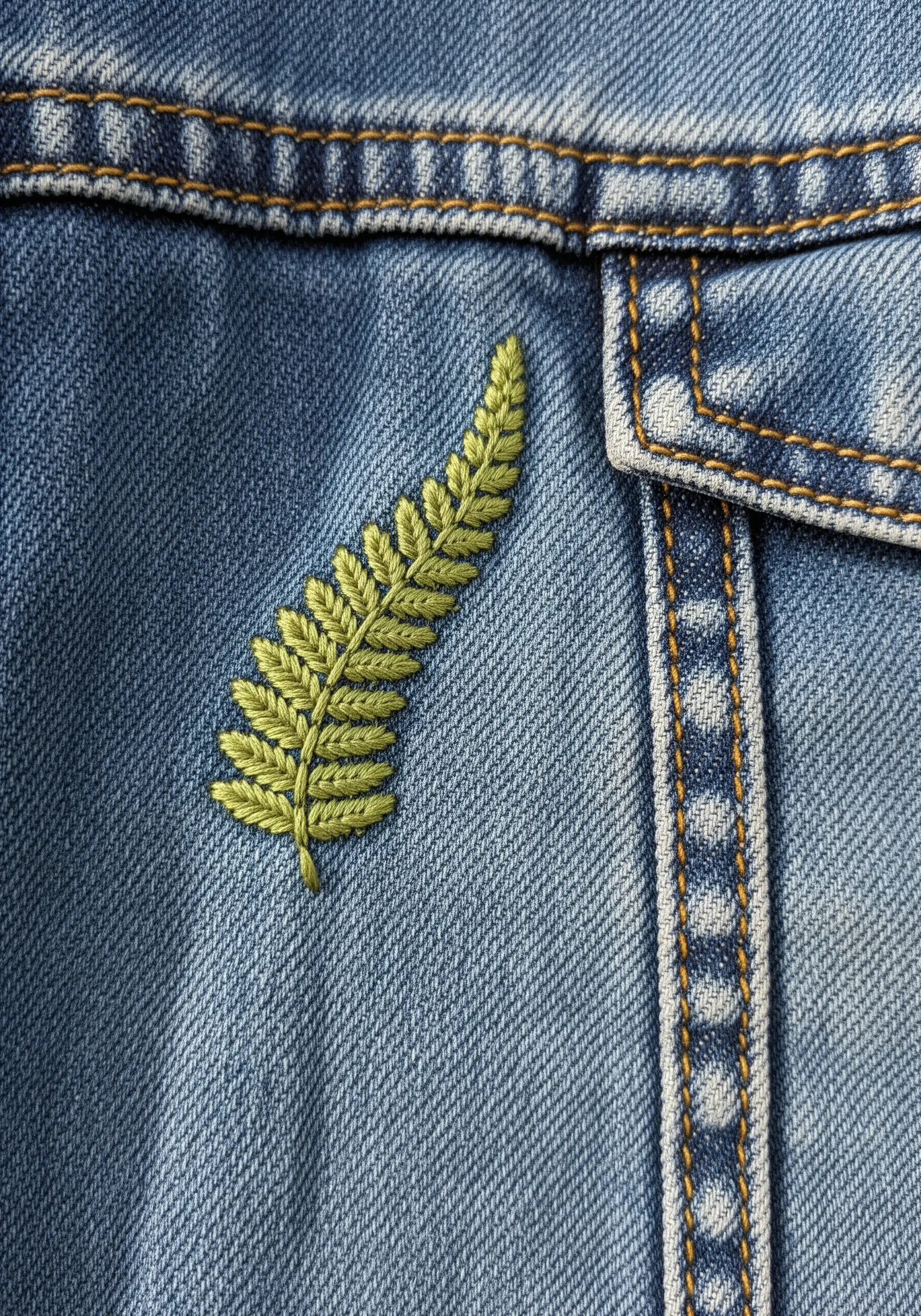 A detailed, verdant green fern leaf embroidered on a medium-wash blue denim jacket.