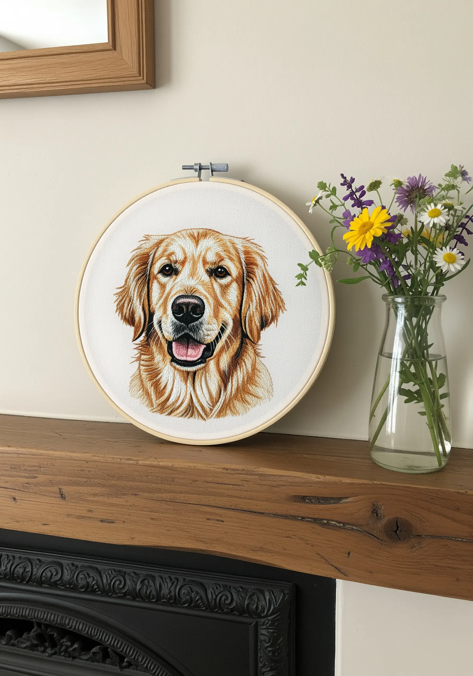 A realistic thread-painted portrait of a Golden Retriever dog in an embroidery hoop.