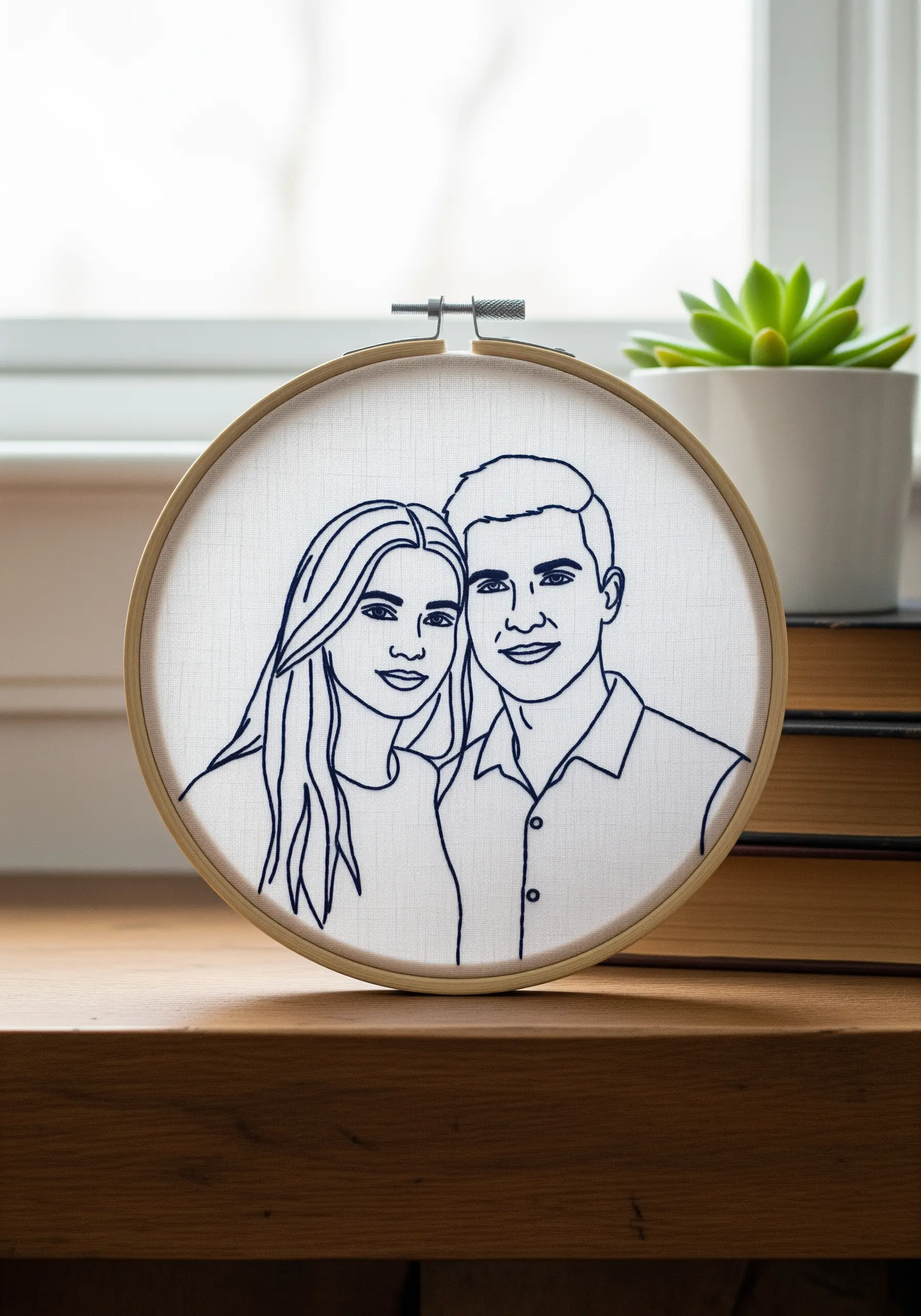 Hand-embroidered line art portrait of a couple in a wooden hoop.
