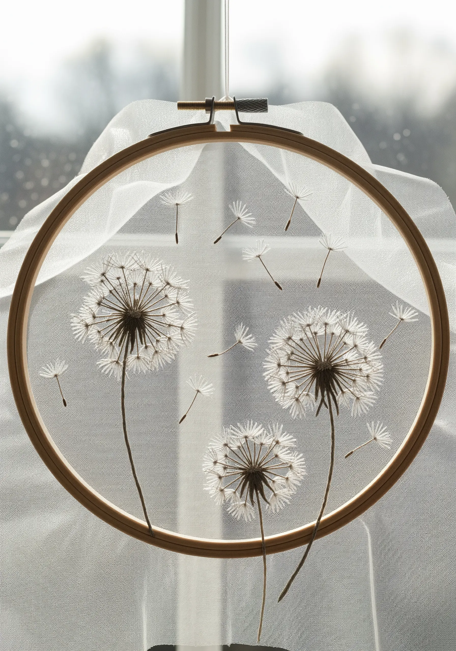 Delicate dandelion embroidery on sheer fabric, creating a floating, transparent effect.