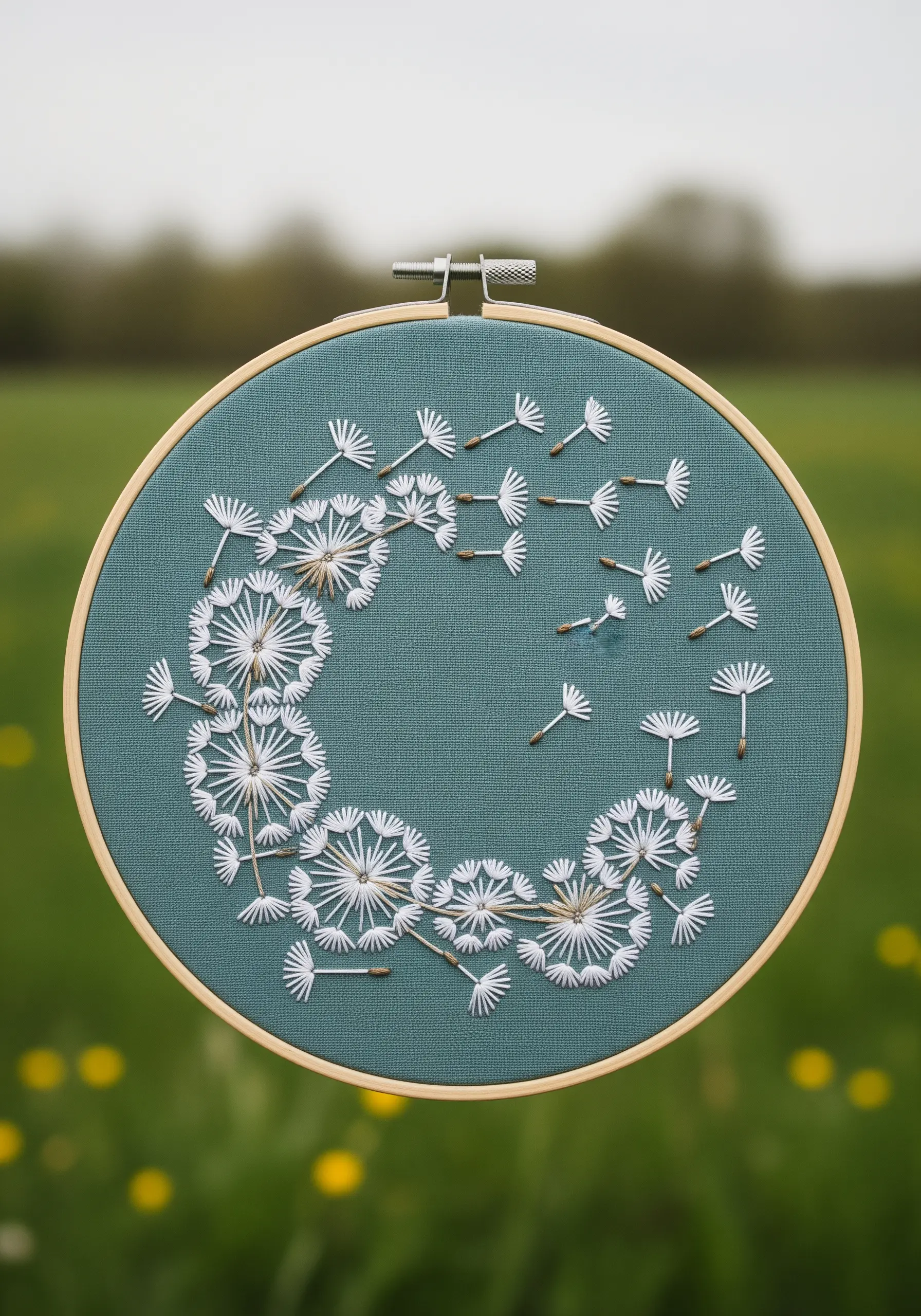 A wreath of dandelion seed heads with seeds blowing in the wind on teal fabric.