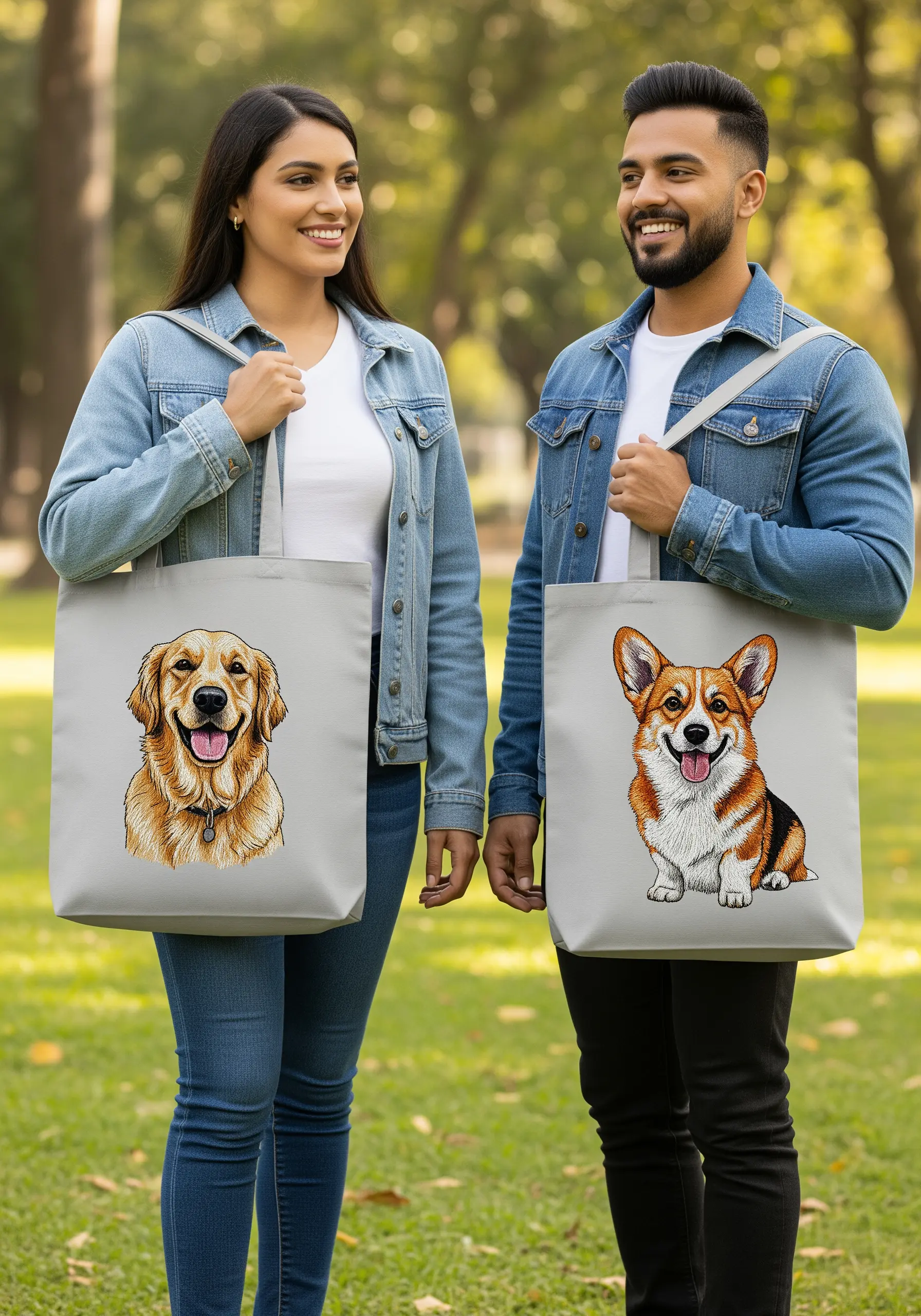 Tote bags with realistic embroidered portraits of a golden retriever and a corgi.