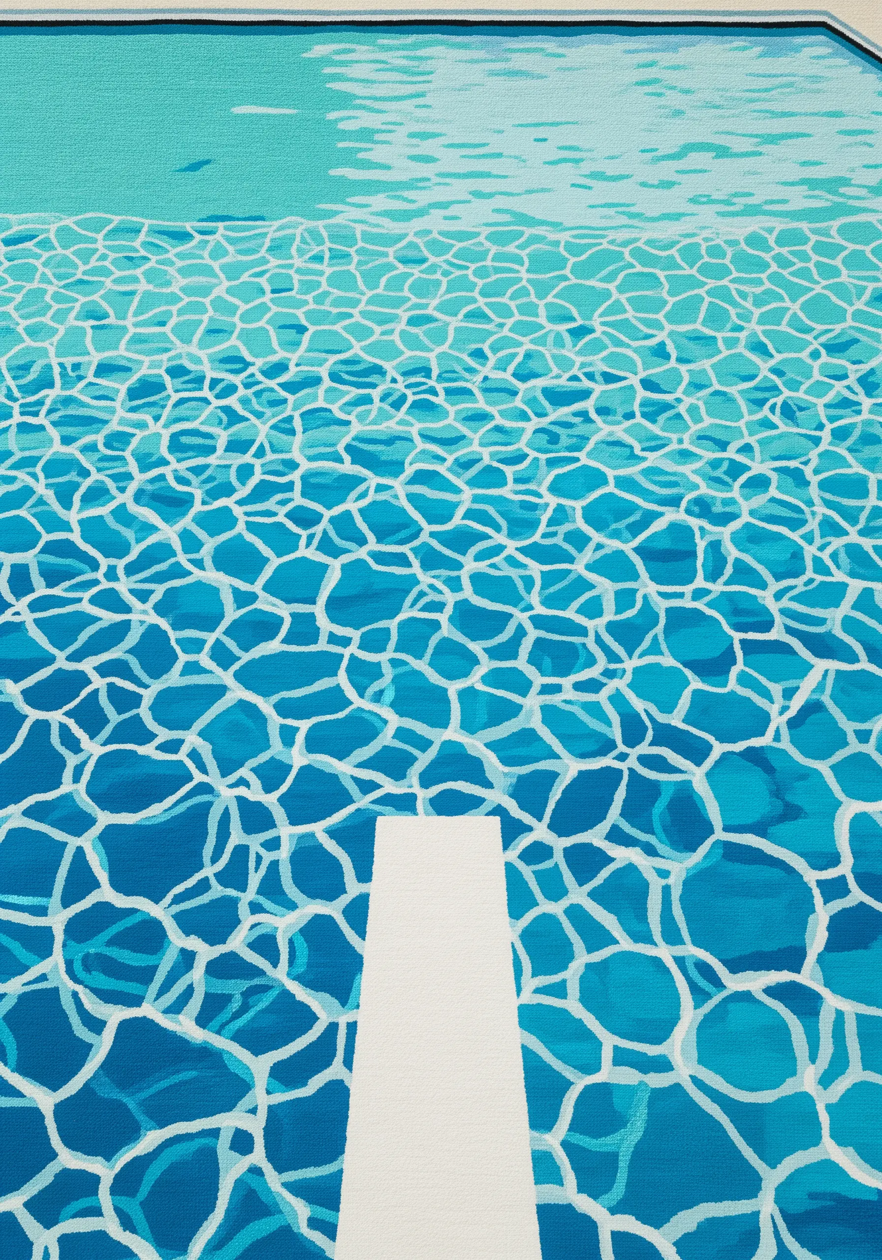 A fiber art piece of a swimming pool, capturing the light on the water with satin stitches.