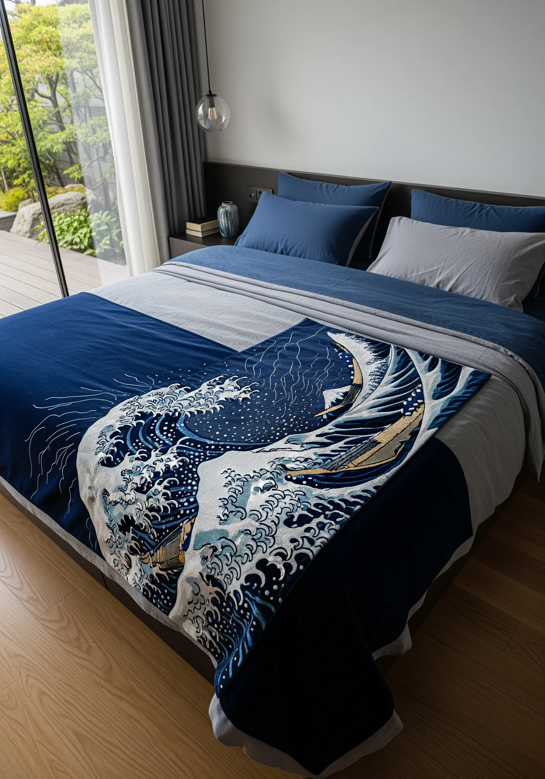 Detailed embroidery of Hokusai's 'The Great Wave' on a blue bed runner.