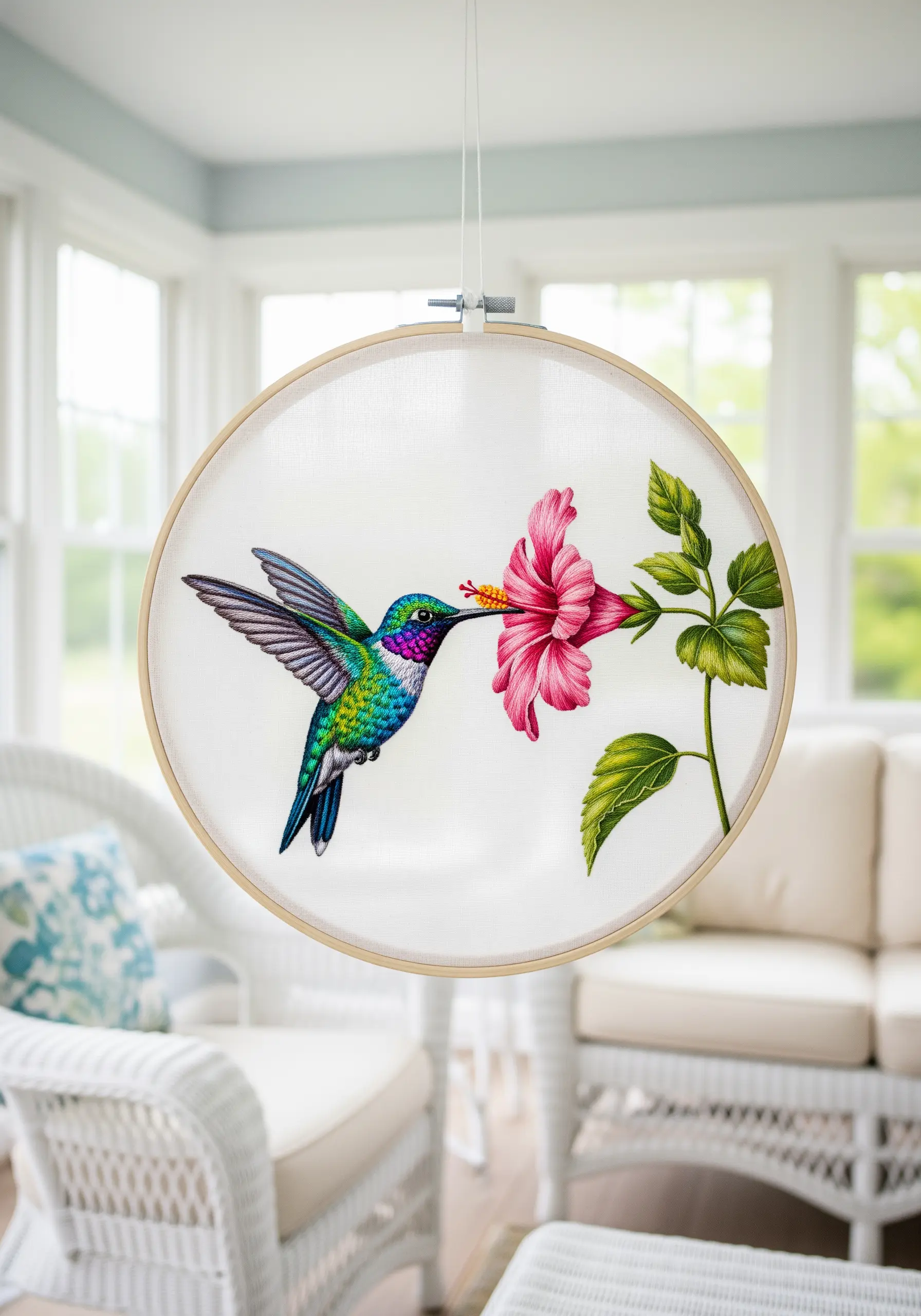 A realistic, colorful hummingbird and hibiscus flower embroidered on sheer fabric, making it look suspended.
