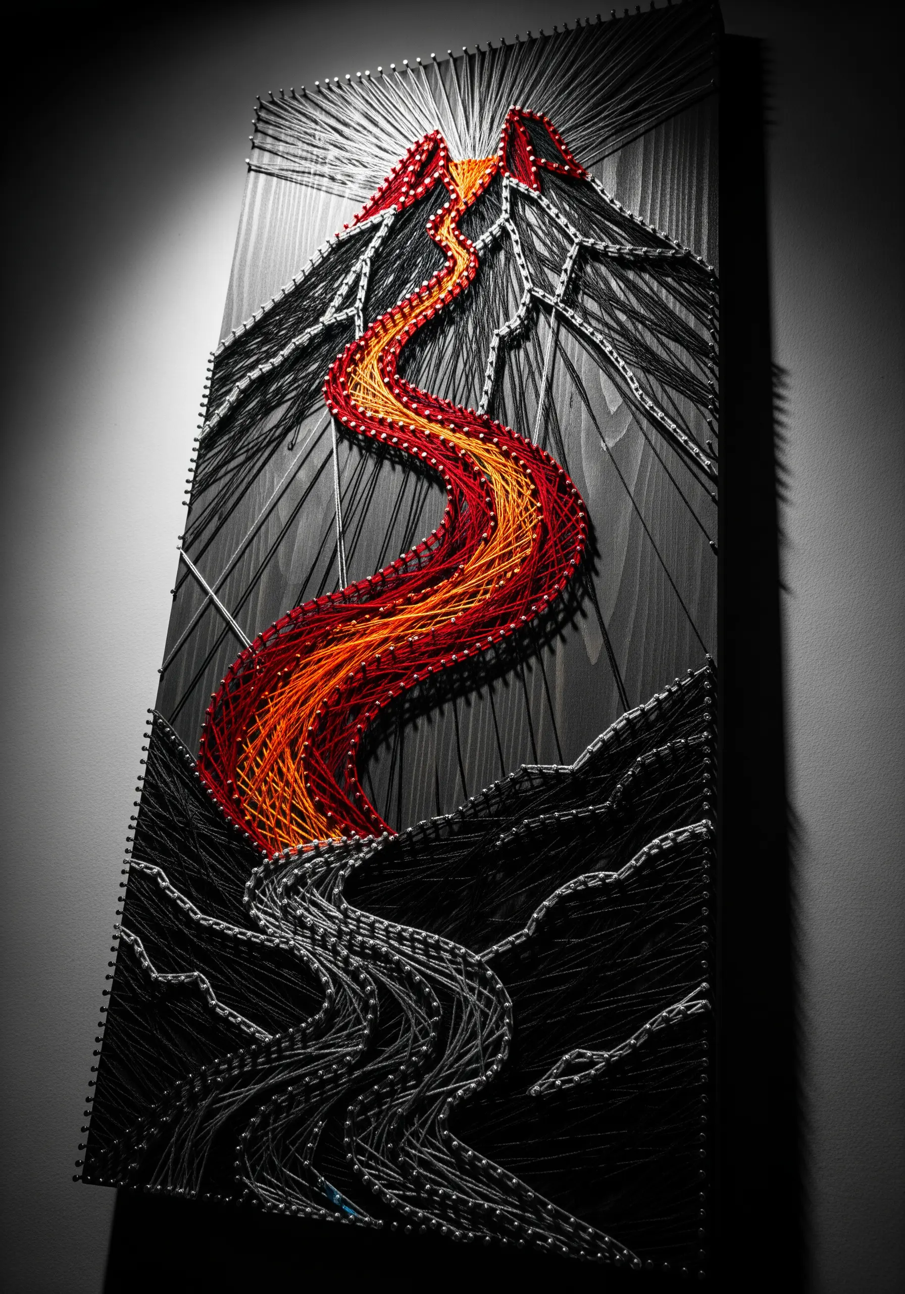 Dramatic string art of a volcano erupting with a vibrant red and orange lava flow.