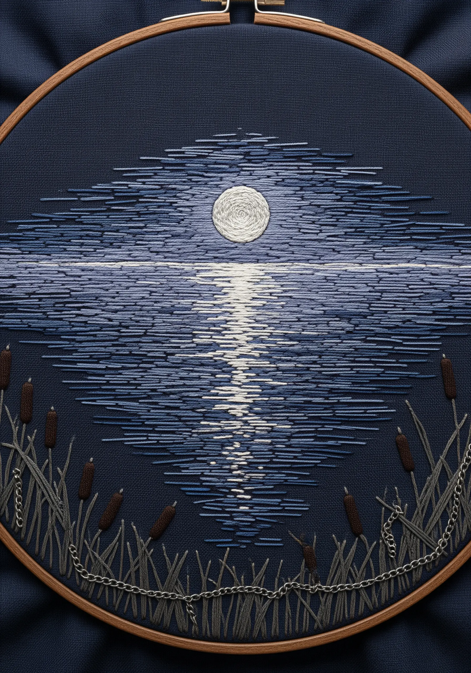 Moonlight on water created with horizontal satin stitches and metallic thread.