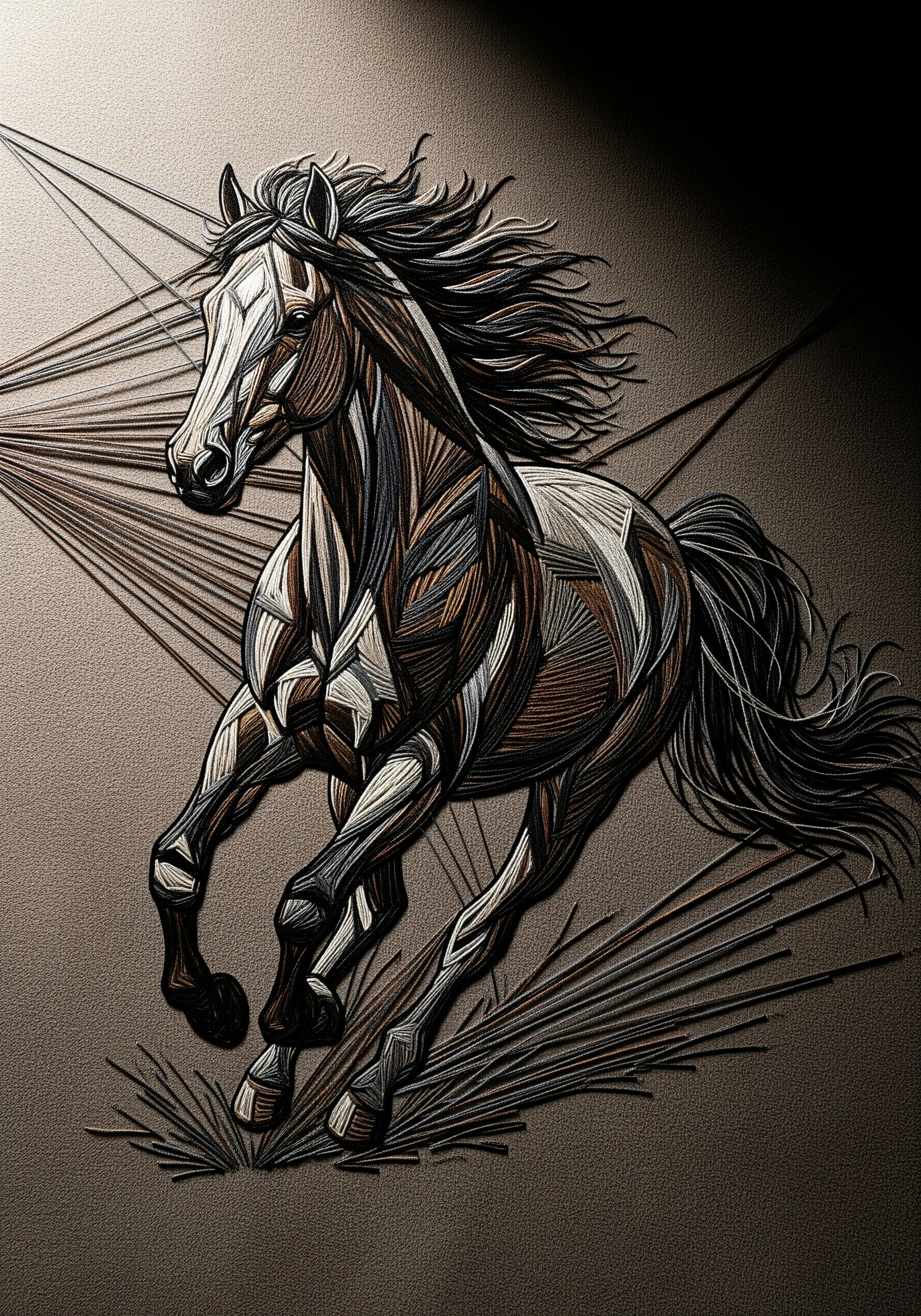 String art embroidery of a galloping horse in brown, black, and white tones, suggesting motion.
