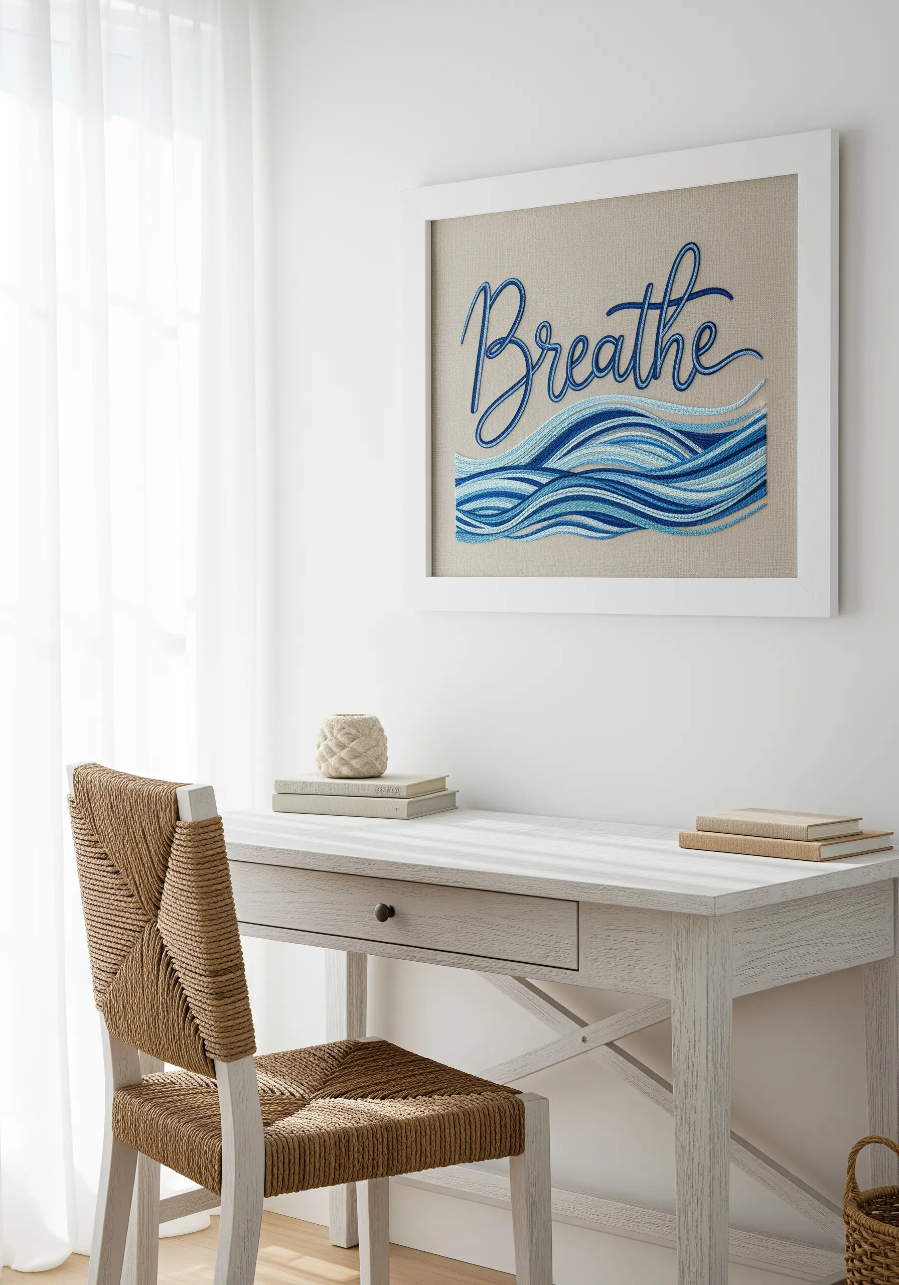 The word 'Breathe' embroidered above stitched blue and white waves on linen.