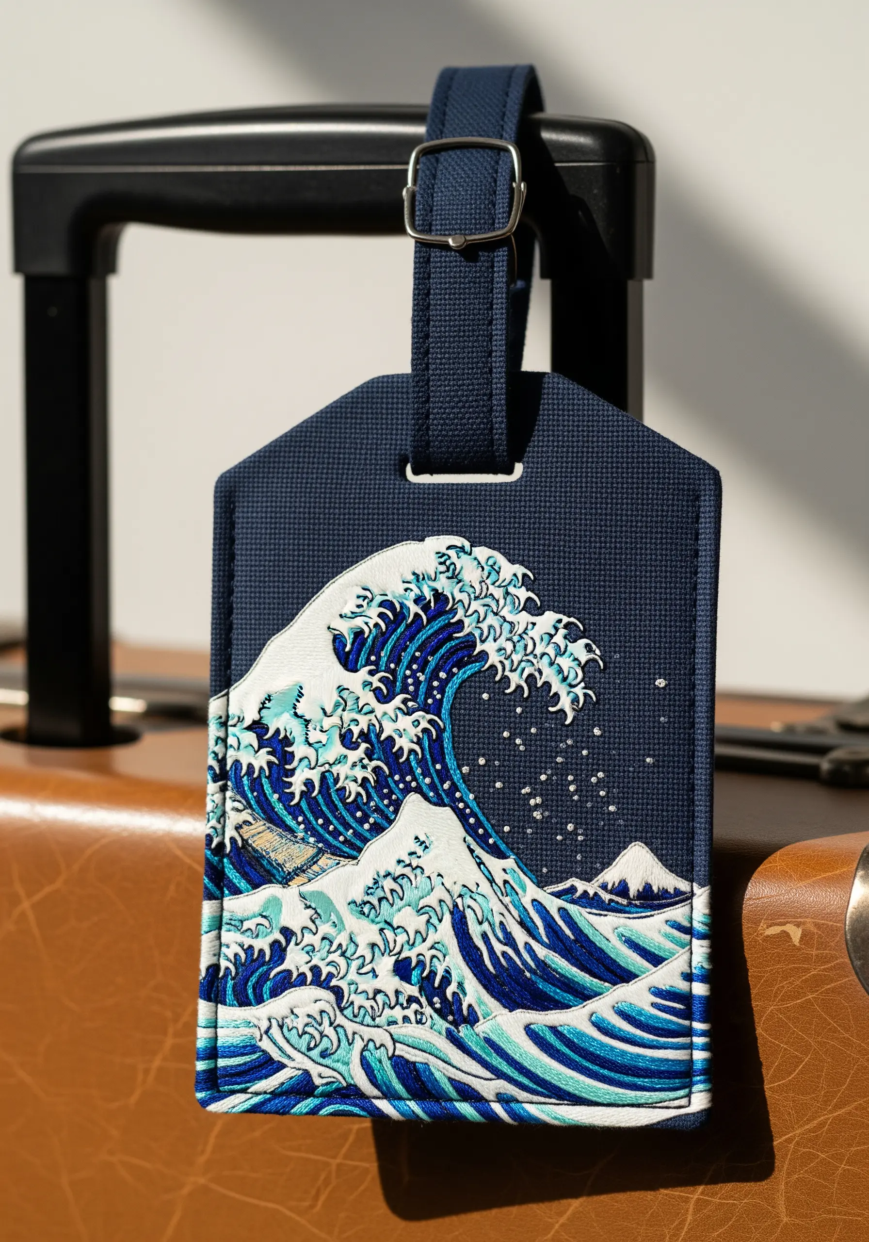 Luggage tag embroidered with 'The Great Wave off Kanagawa'.