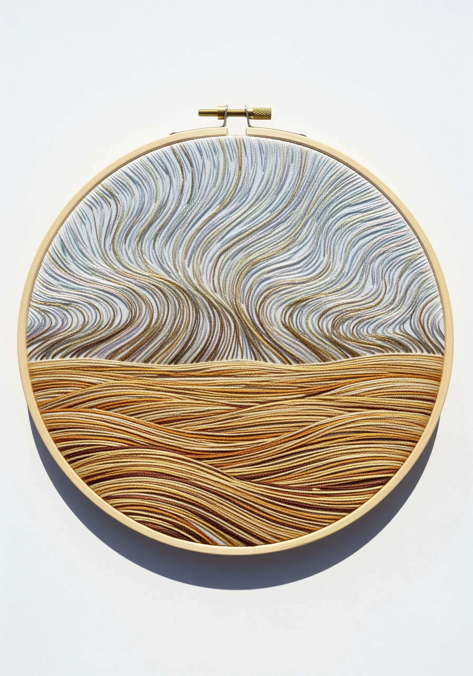 Abstract embroidery with flowing contour lines in blues and golds representing sky and earth.