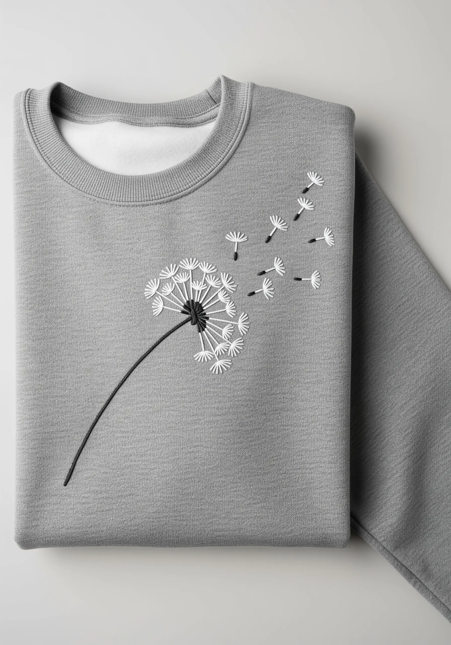 A dandelion with seeds blowing in the wind, embroidered on a grey sweatshirt.