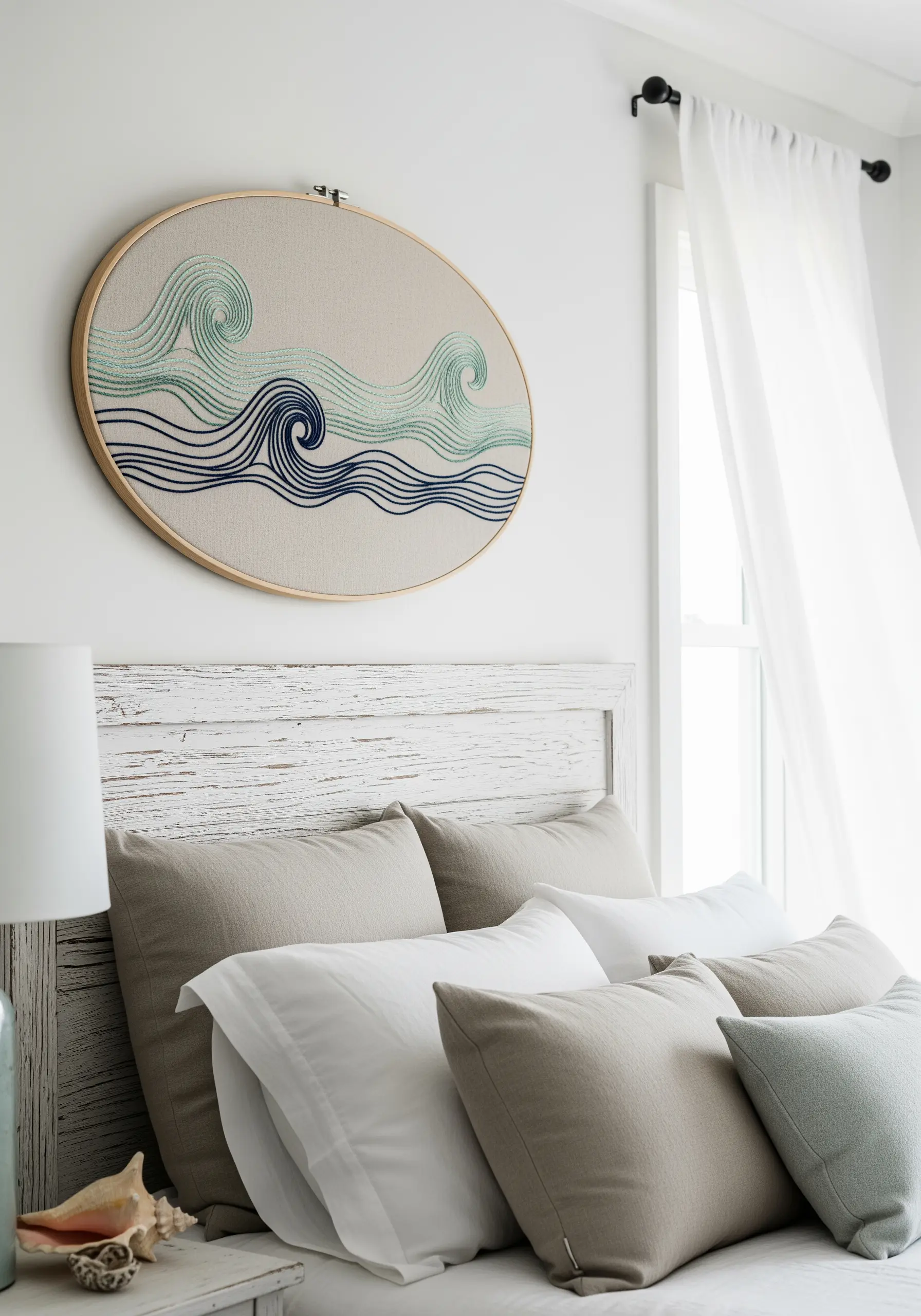 Stylized ocean waves in blue and green thread on a large embroidery hoop.