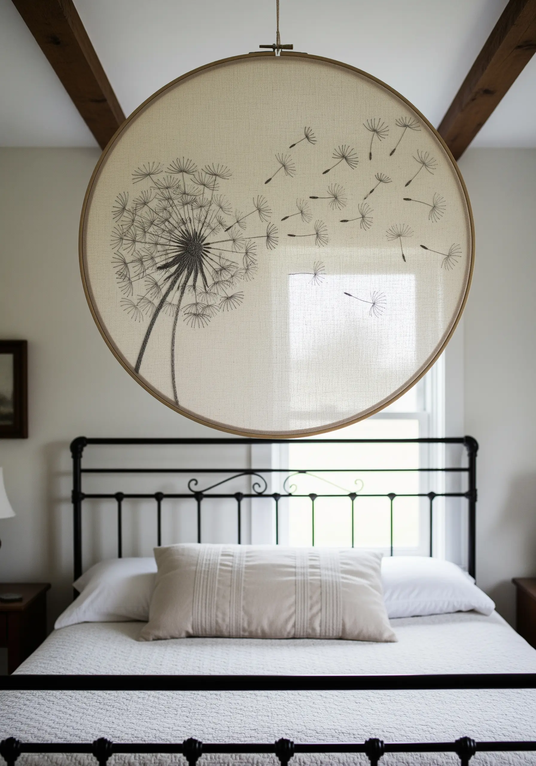 Large embroidery hoop with a dandelion losing its seeds, stitched in black on light linen.