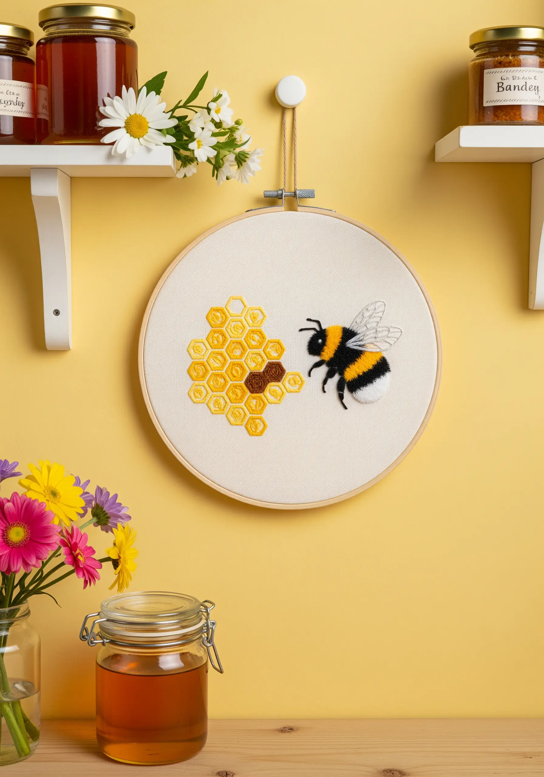 Embroidered bumblebee next to a golden honeycomb, stitched on off-white fabric.