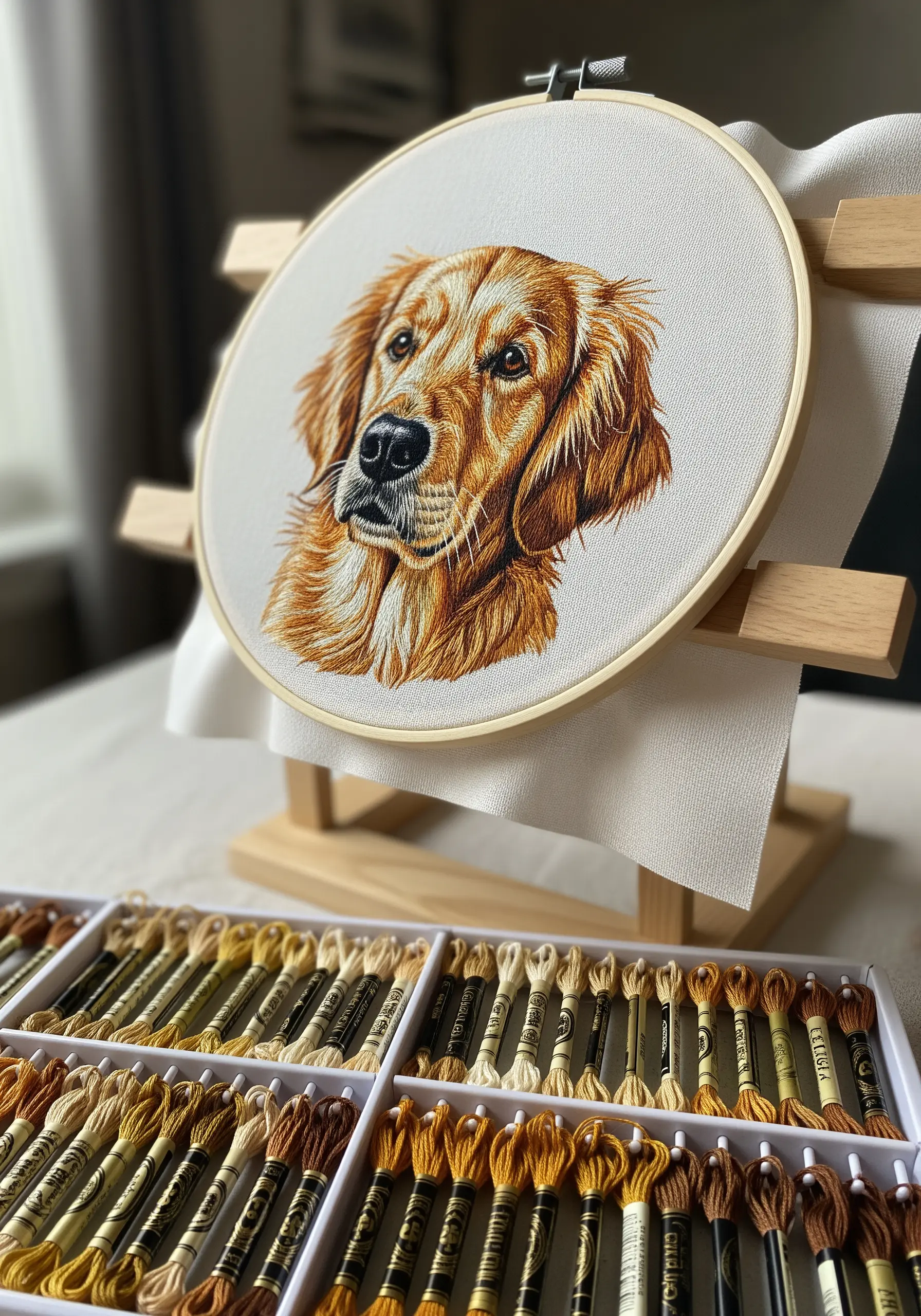 A highly detailed, realistic thread-painted portrait of a golden retriever in an embroidery hoop.