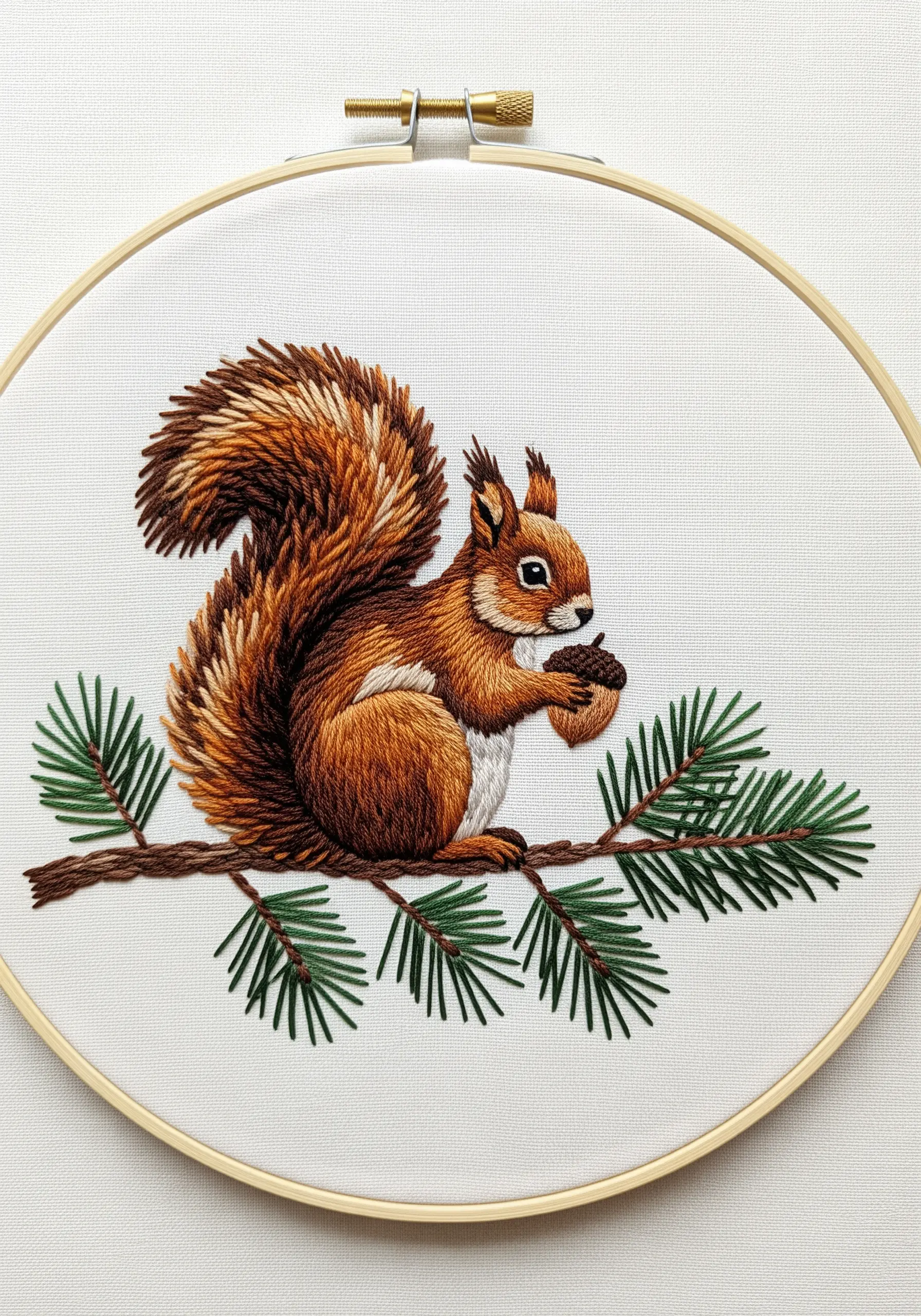 Realistic thread-painted squirrel with a fluffy tail on a pine branch.