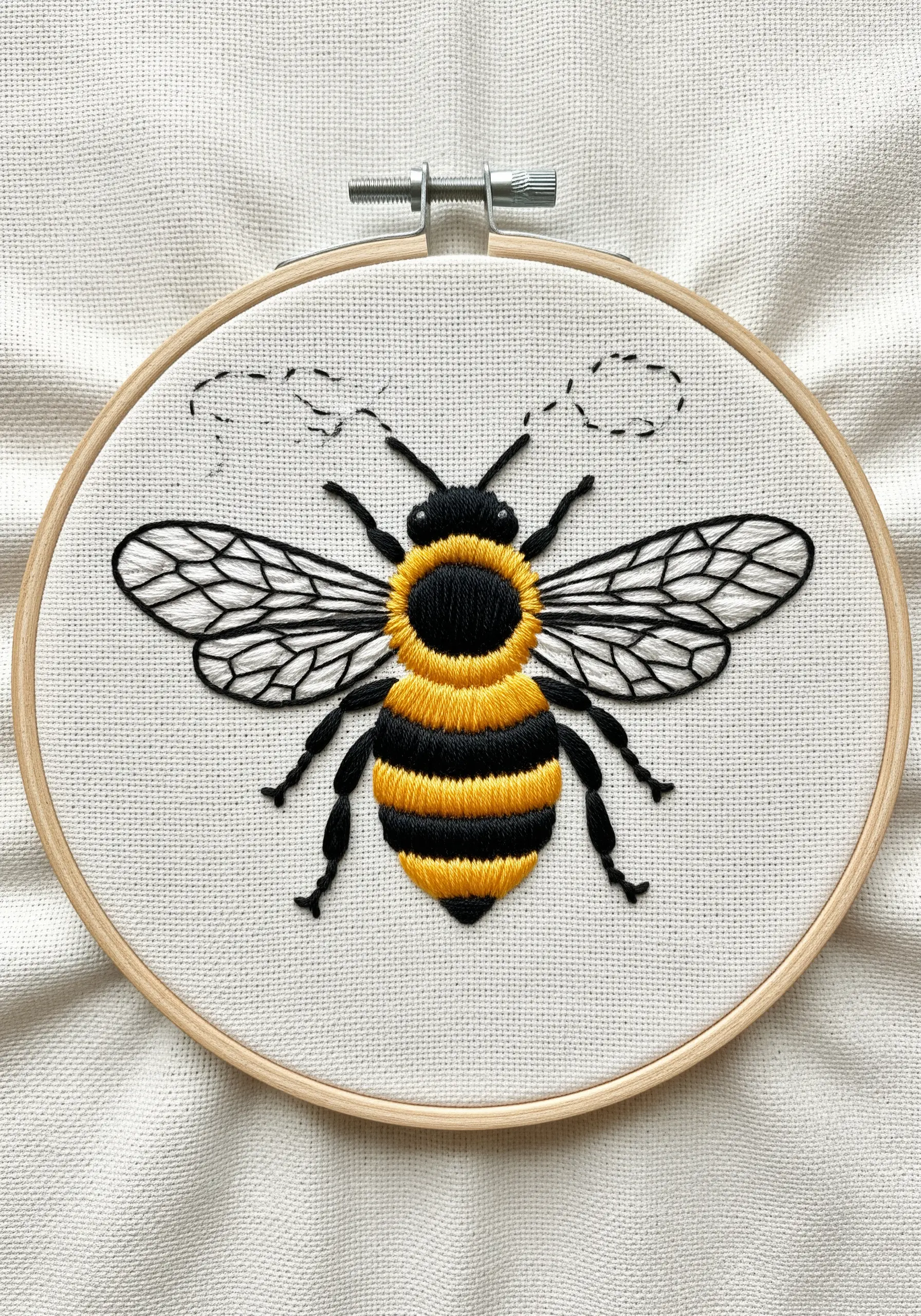Detailed honeybee embroidery with satin-stitched body and delicate wing details.