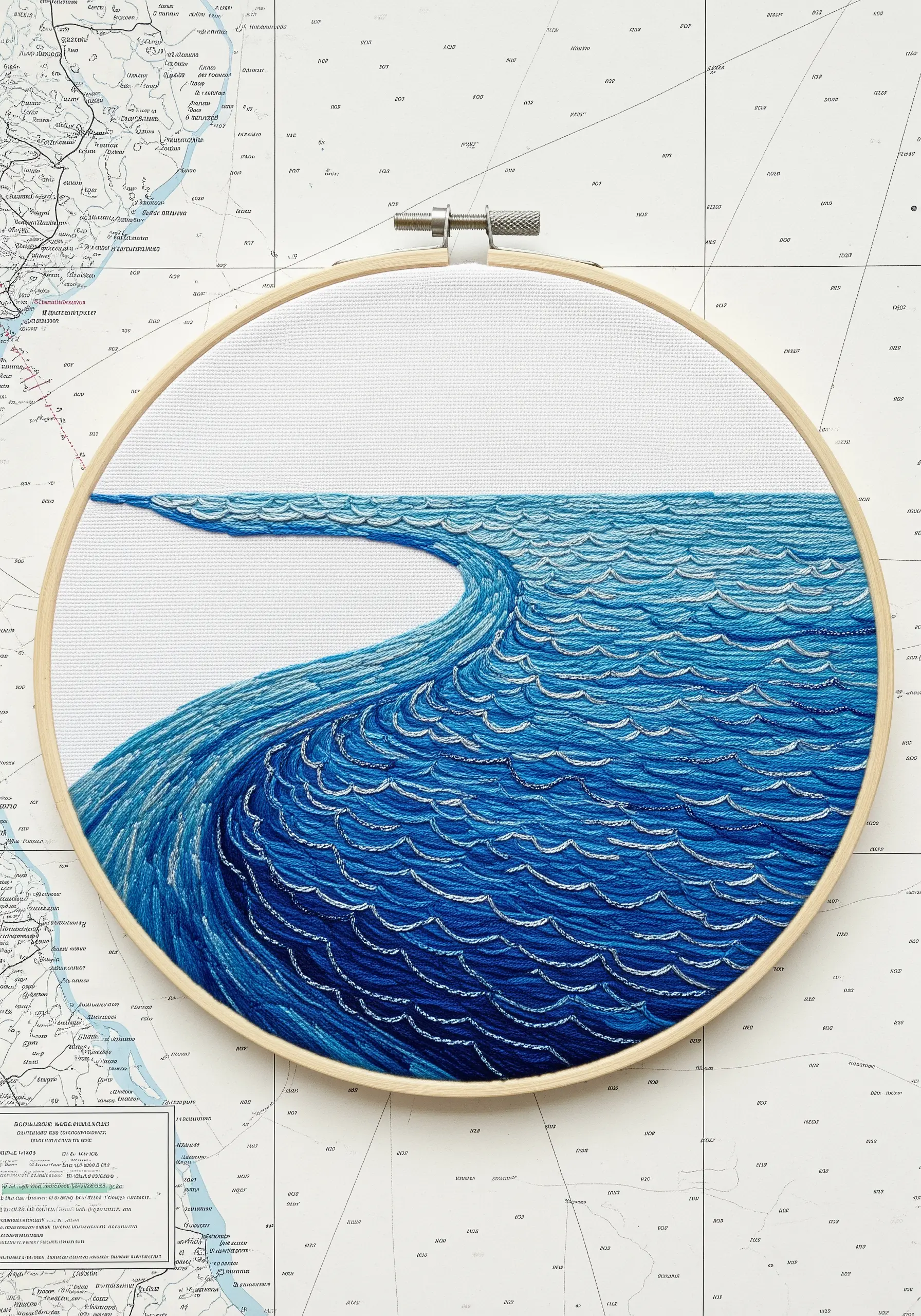 Dense, textured embroidery of ocean waves using multiple shades of blue.