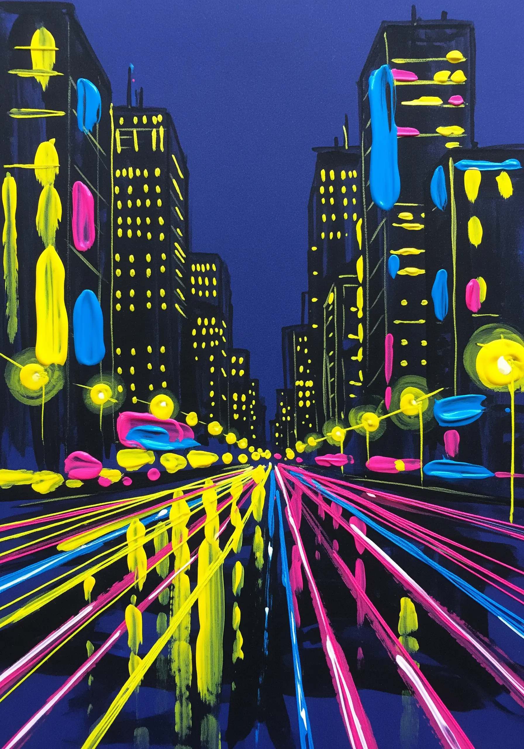 Abstract cityscape painting with long, bright streaks of paint resembling thread.