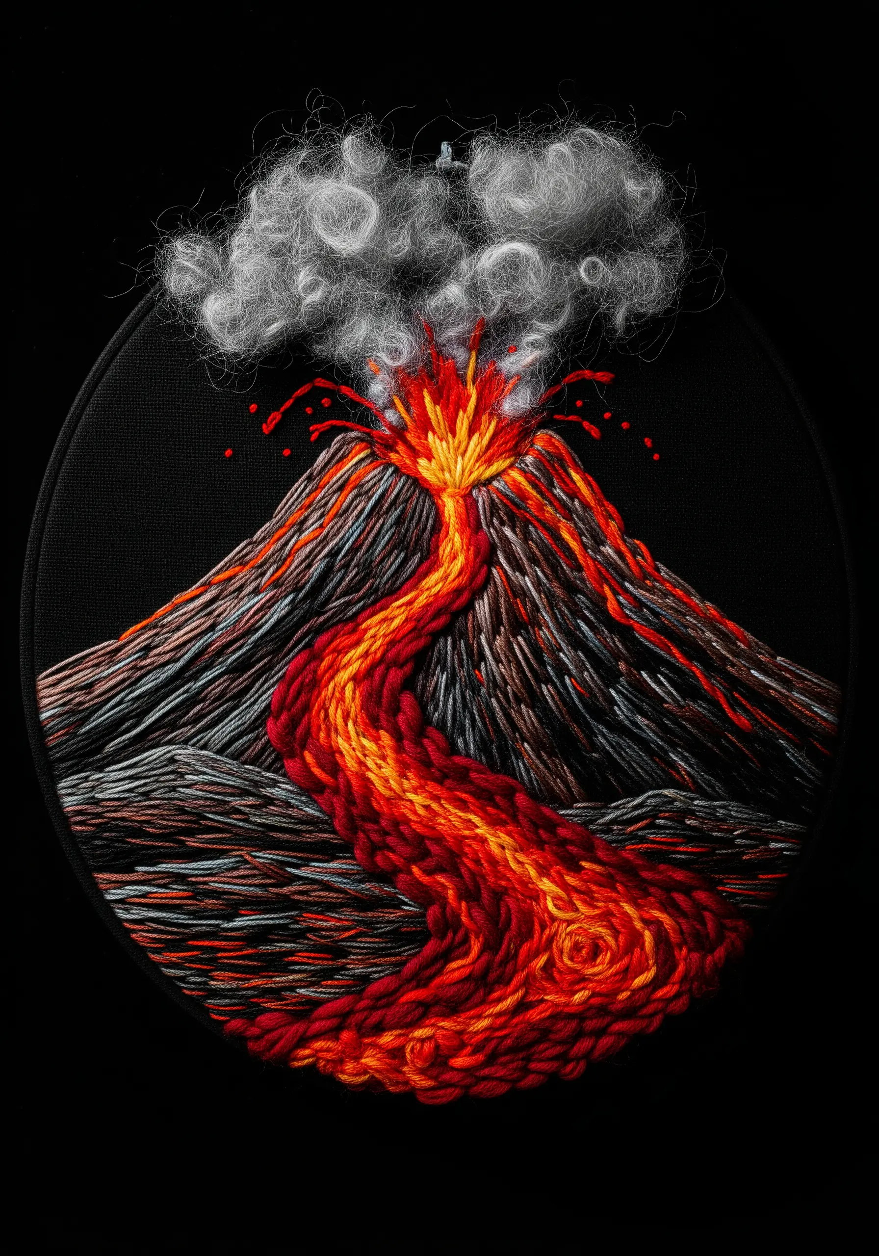 Mixed media embroidery of an erupting volcano with wool roving smoke and thread-painted lava.