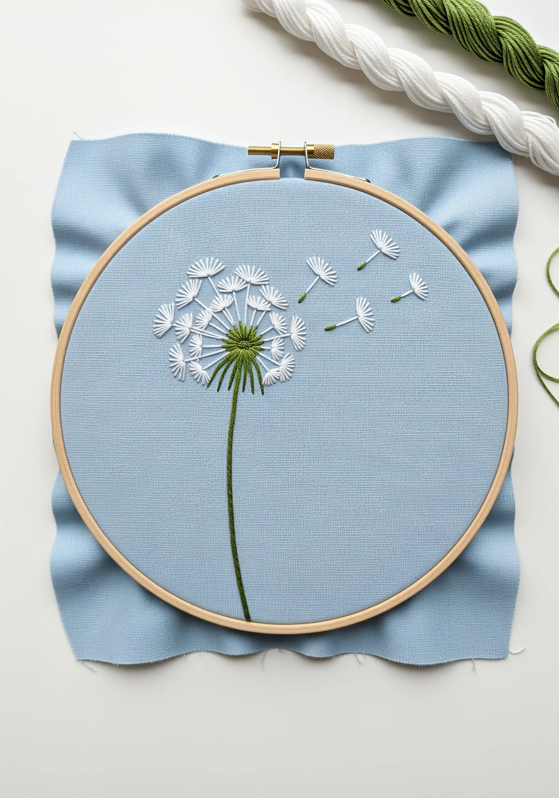 An embroidered dandelion with seeds blowing away, stitched in white and green on blue fabric.