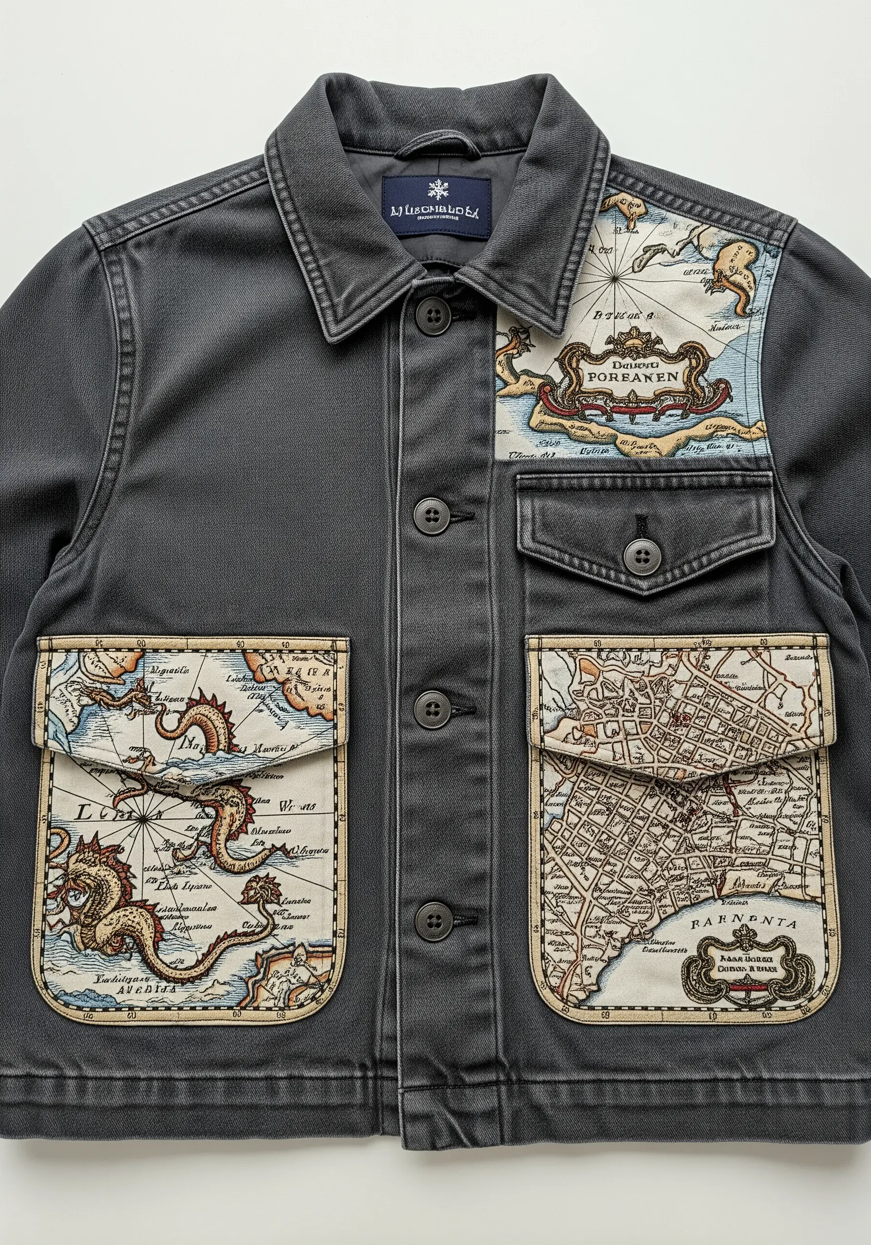 Vintage map fabric appliquéd onto the pockets and yoke of a grey utility jacket.