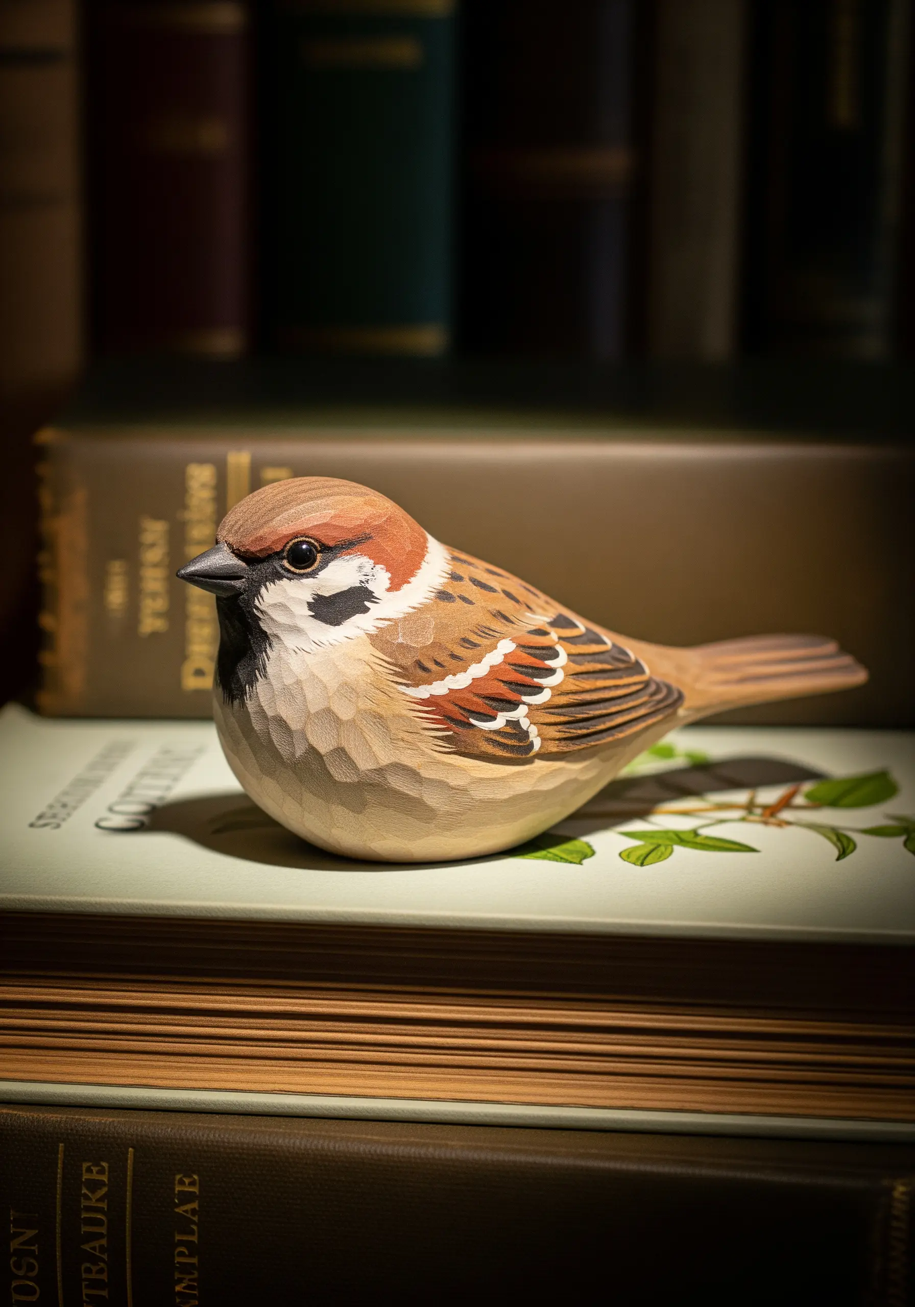 A small, intricately carved and painted wooden sparrow sitting on a book