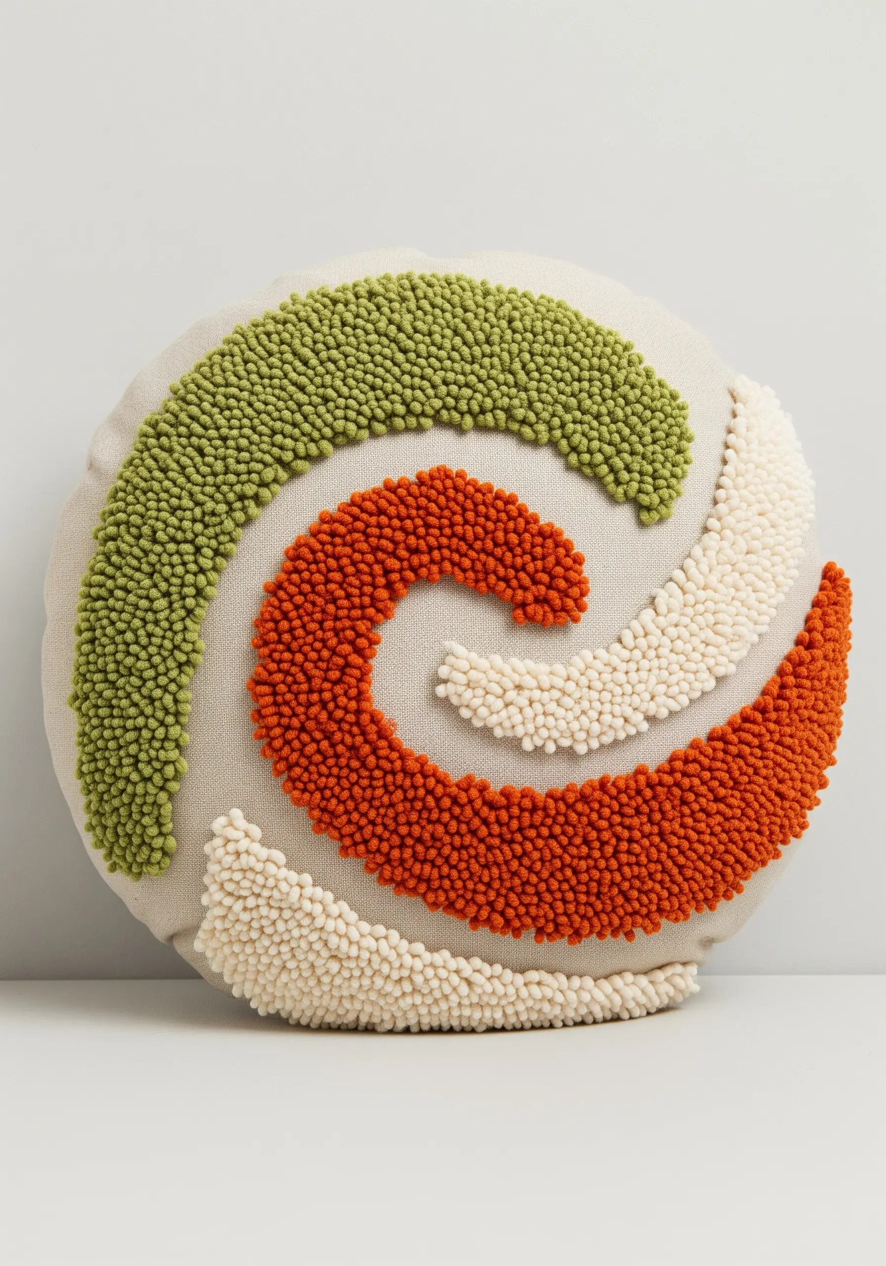 A round pillow with abstract swirls in green, orange, and cream punch needle.