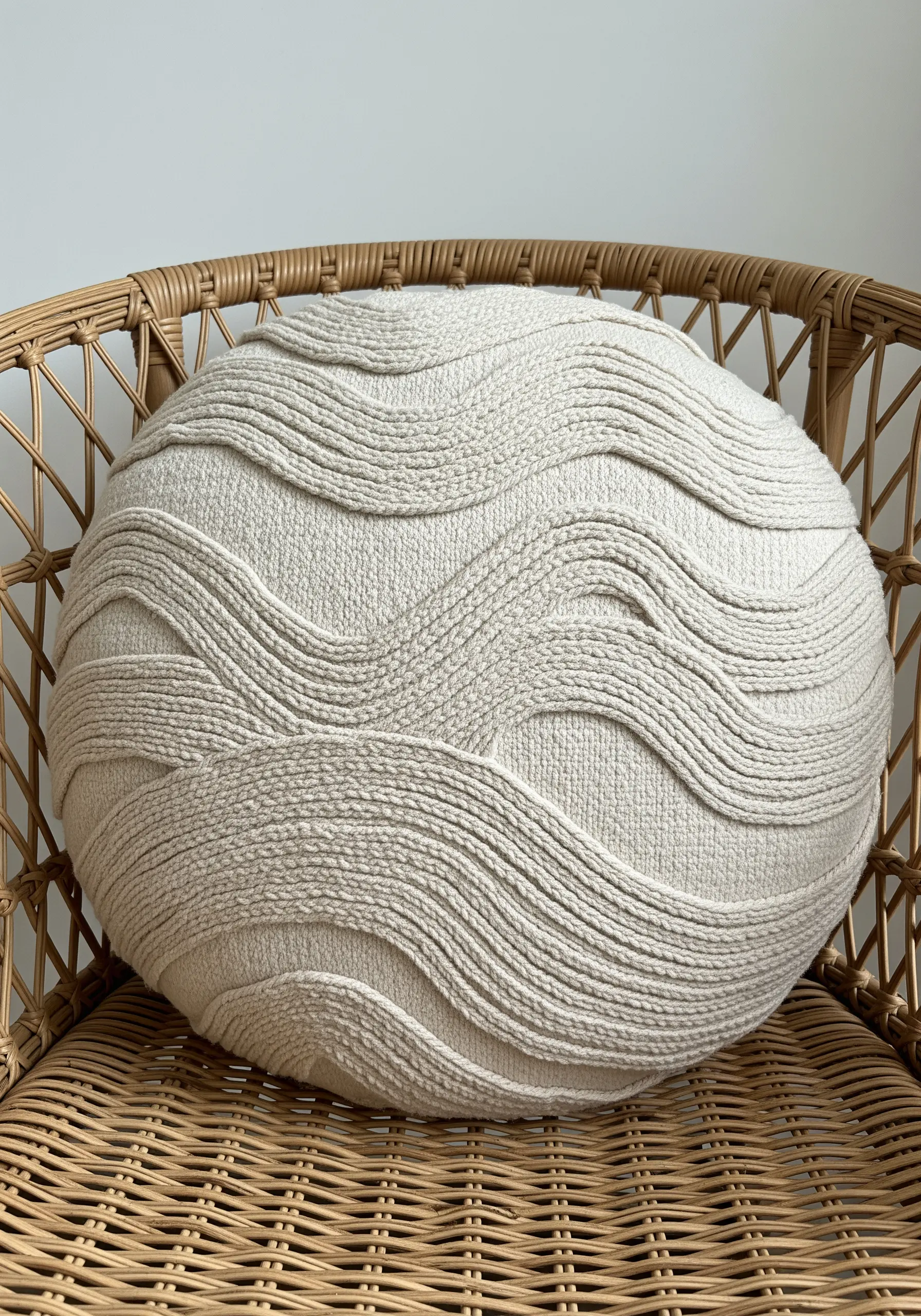 A round, off-white cushion with embroidered wavy lines creating a textured pattern.