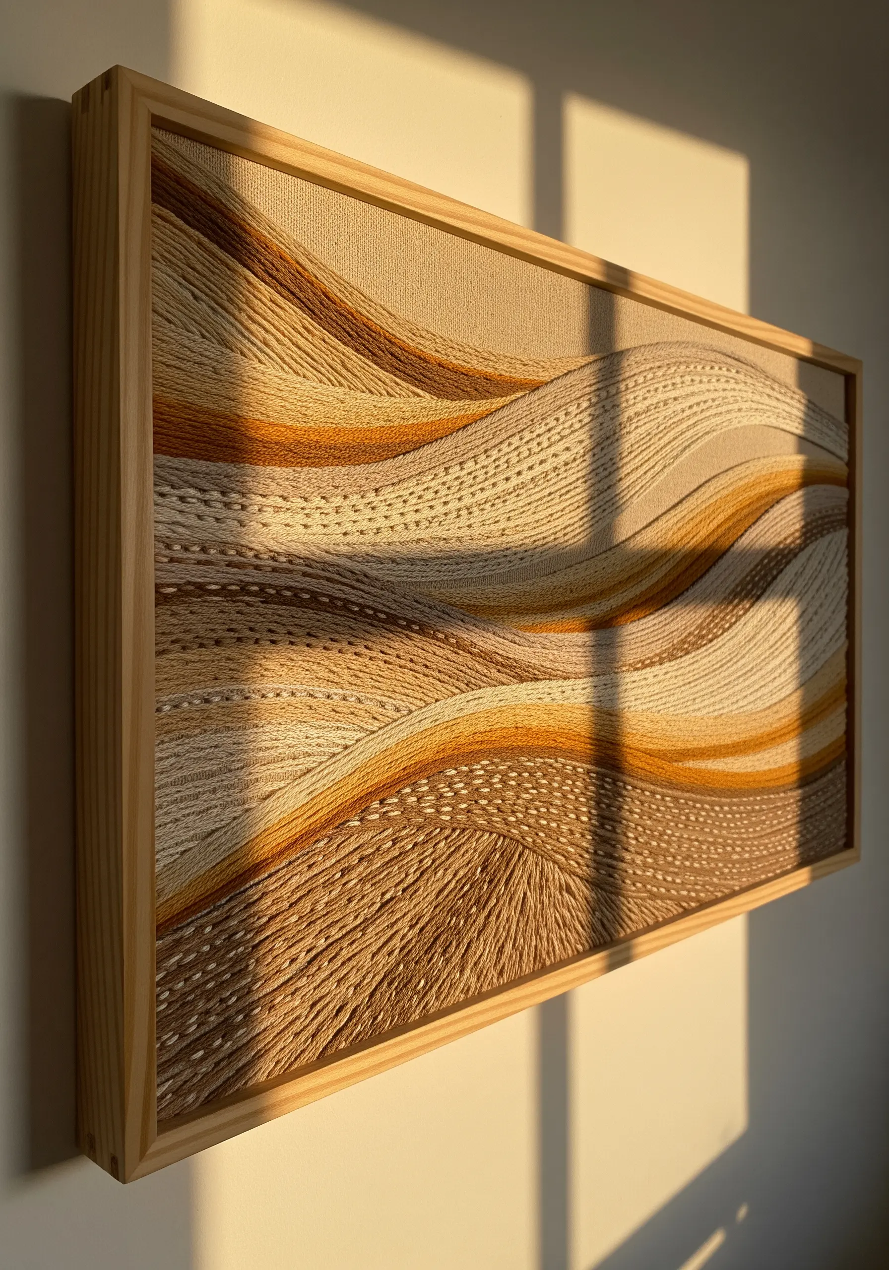 Large framed embroidery depicting wavy, layered sand dunes in neutral and ochre tones.
