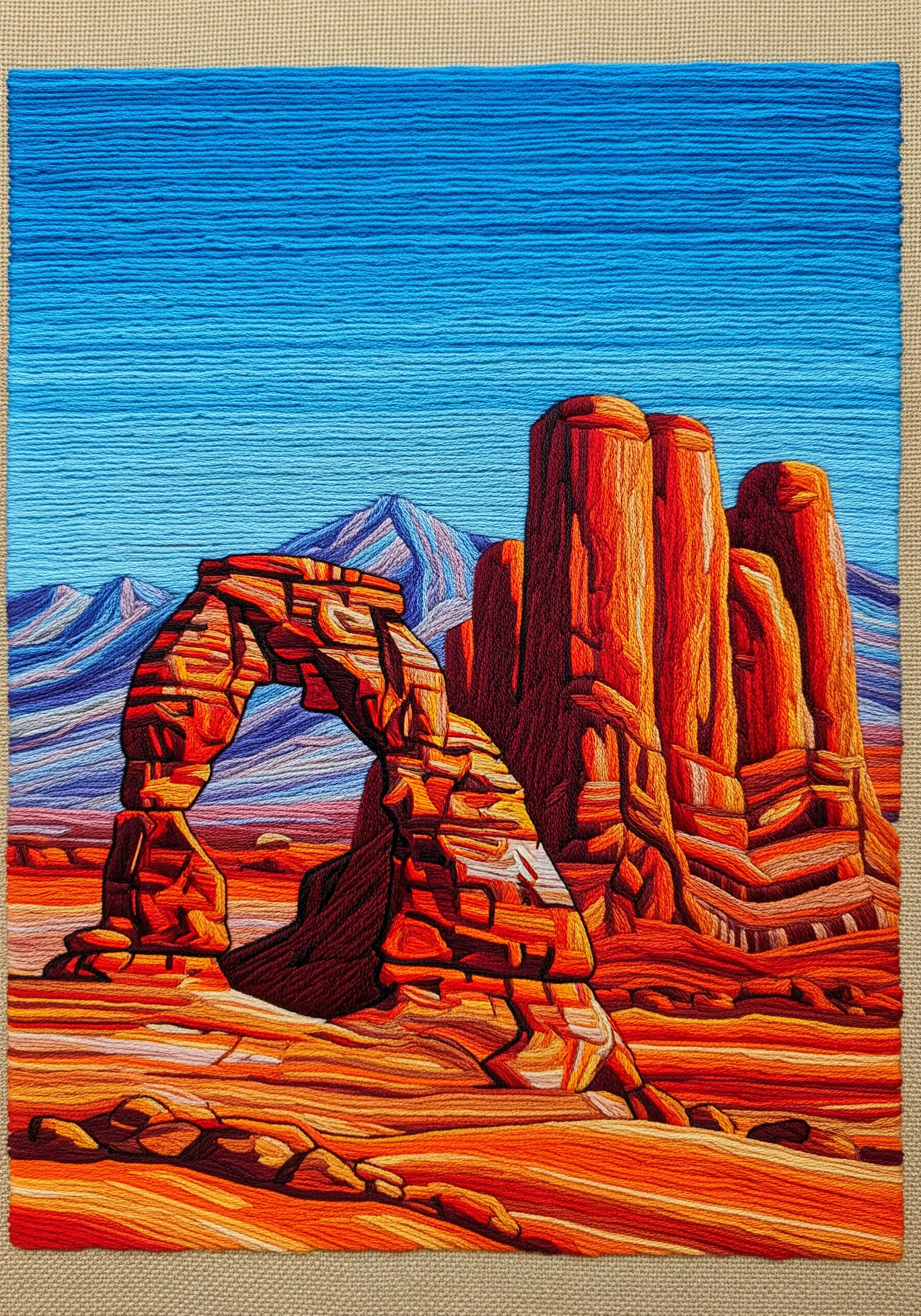 Vibrant embroidery of Arches National Park, using high-contrast colors for light and shadow.
