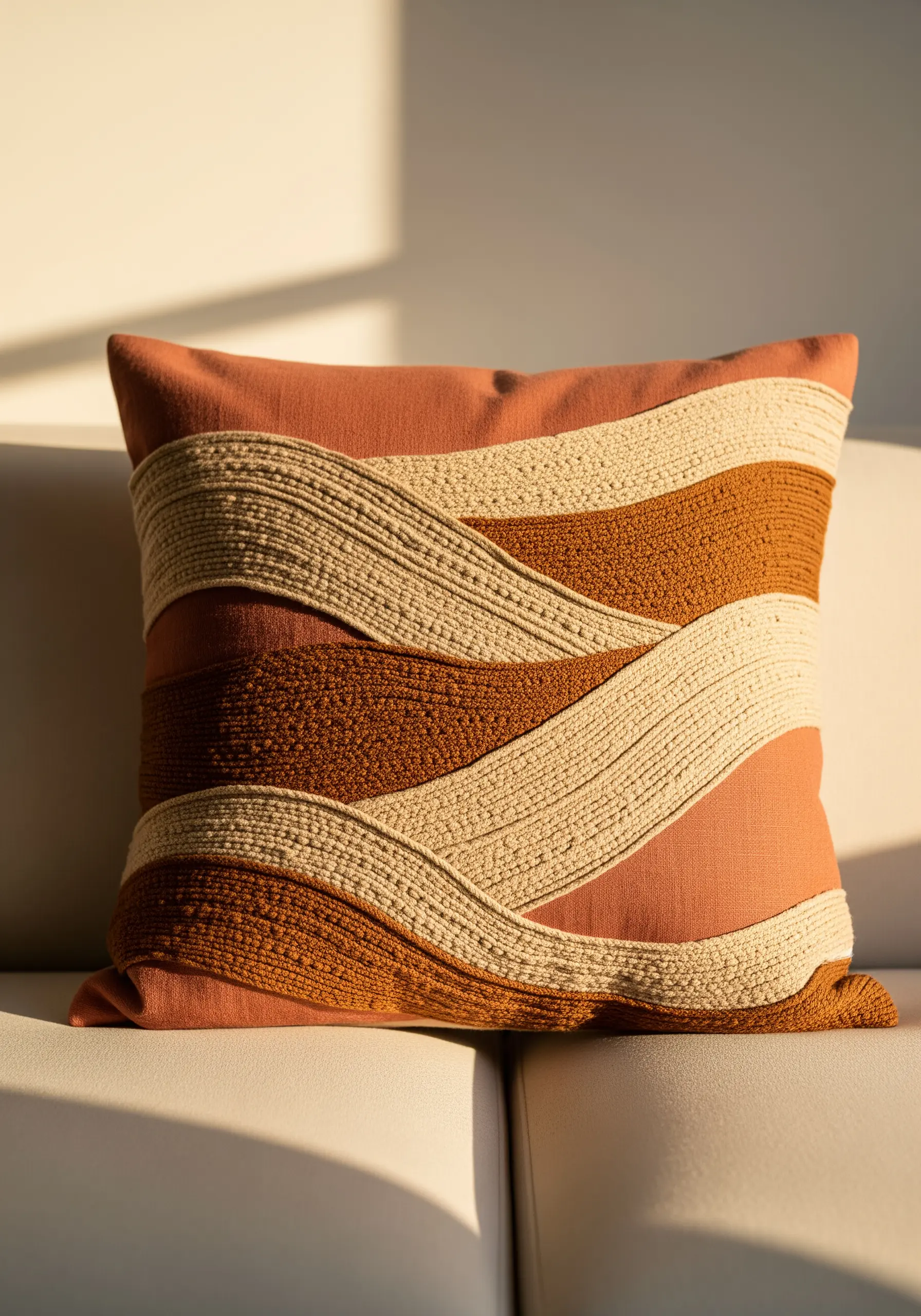 Terracotta pillow with wavy, sculptural lines made from couched cream and brown cord.