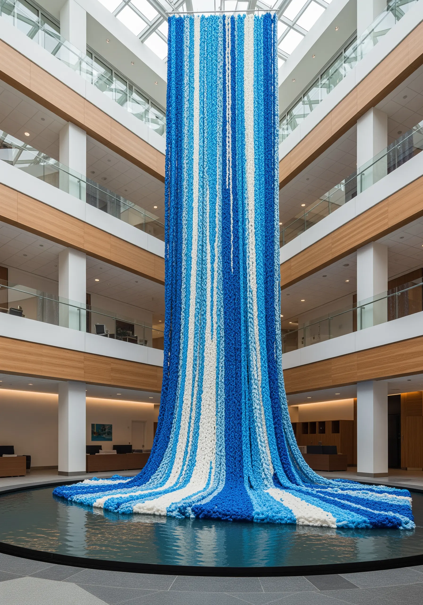 A massive waterfall installation made of hanging blue, white, and cream yarns of various textures.
