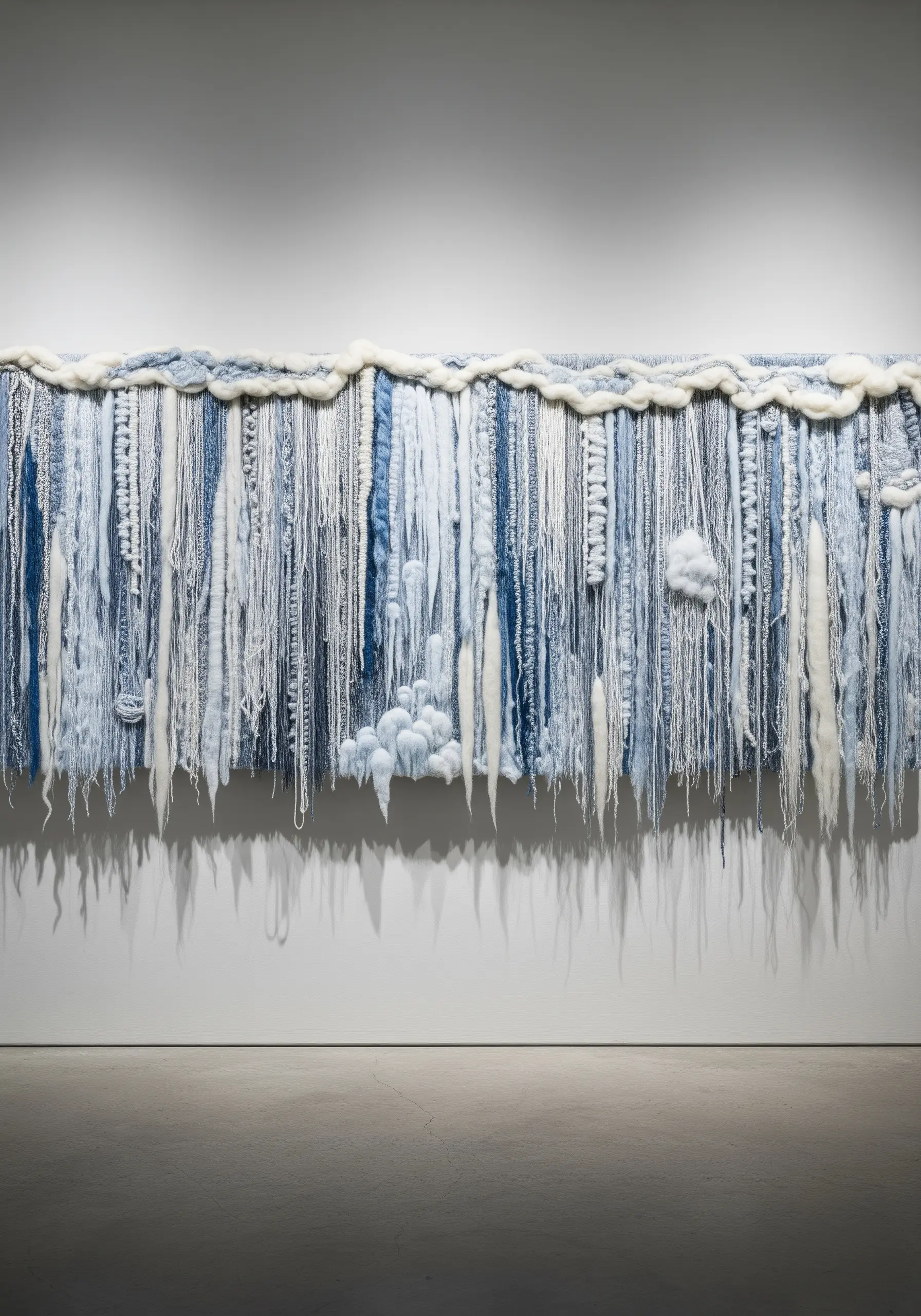 A large wall hanging made of cascading blue and white yarns, evoking a waterfall or seascape.