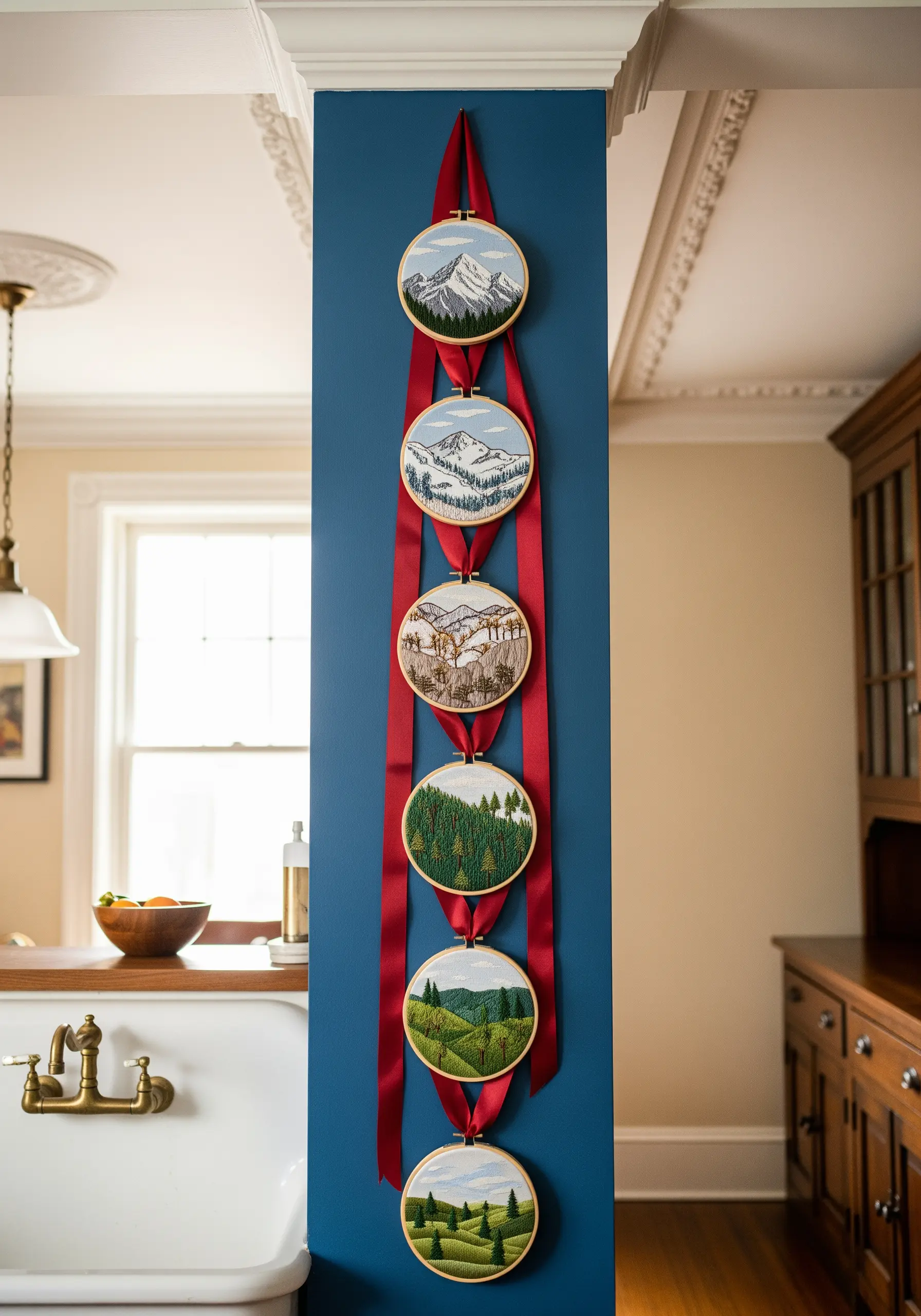 A vertical cascade of six embroidered mountain landscapes hanging from a single red ribbon.