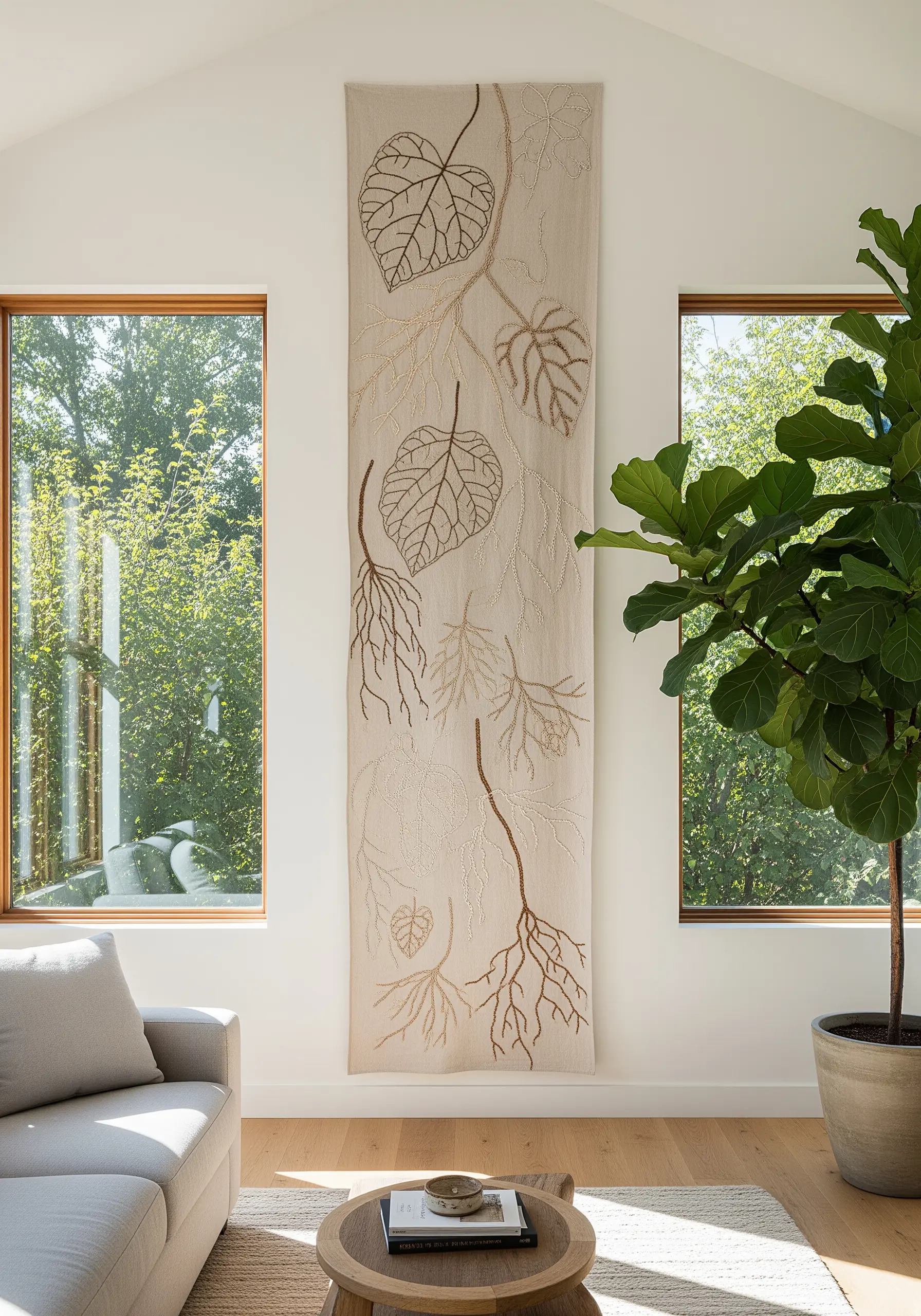 Vertical textile hanging with embroidered leaves and roots in earthy tones.
