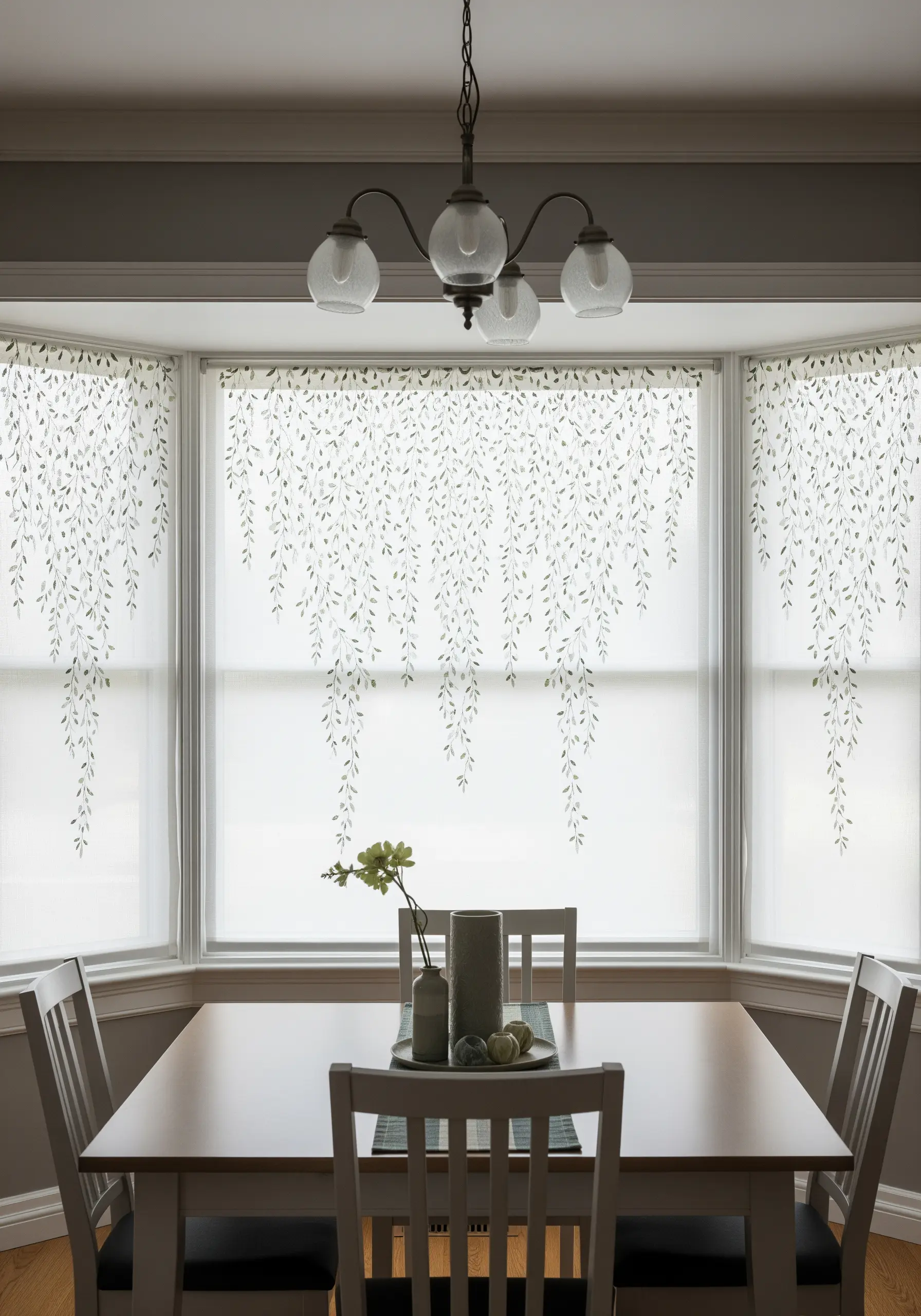 White roller blinds in a bay window embroidered with cascading green leaves.