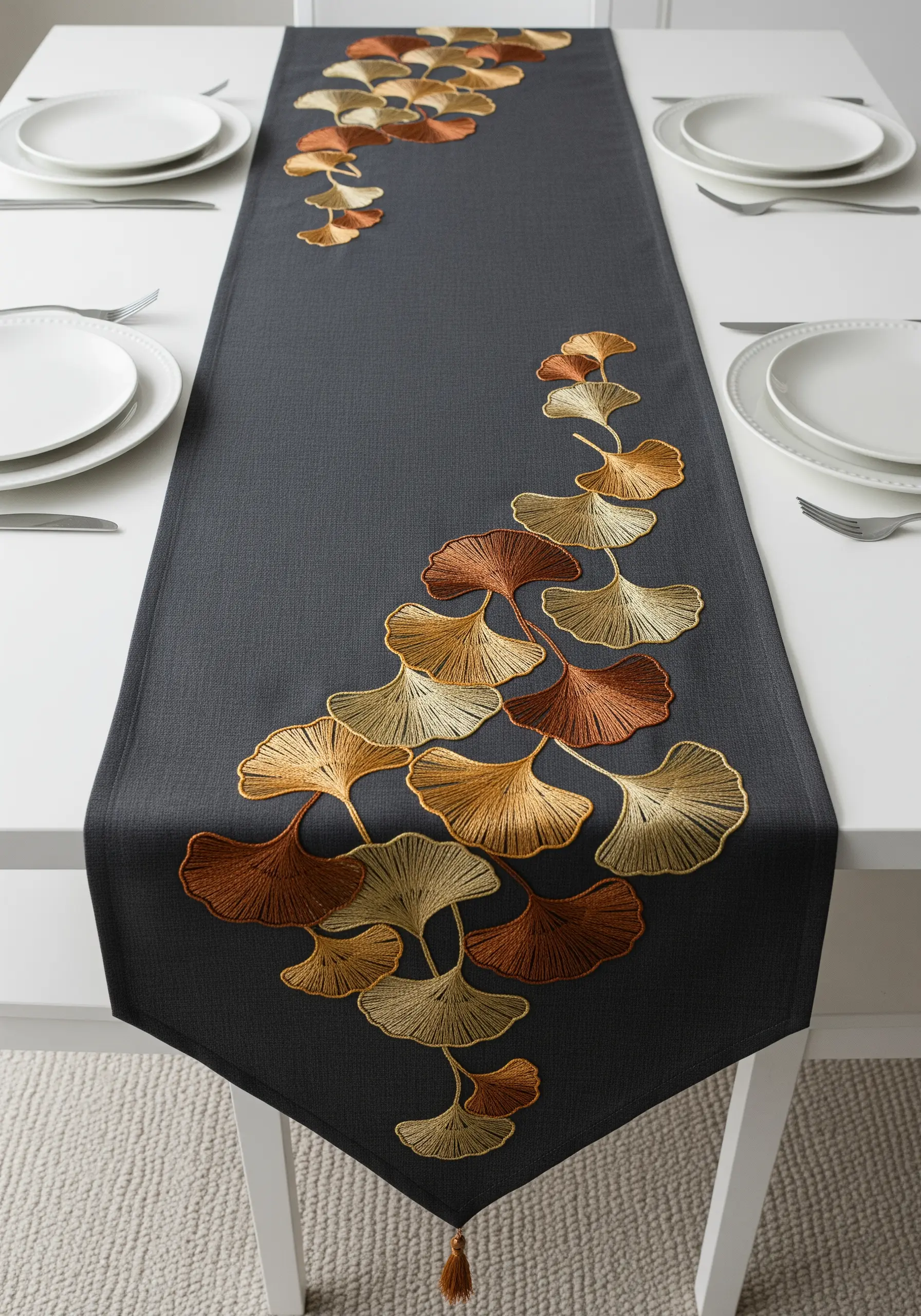 A dark gray table runner with a cascade of embroidered ginkgo leaves in autumn colors.