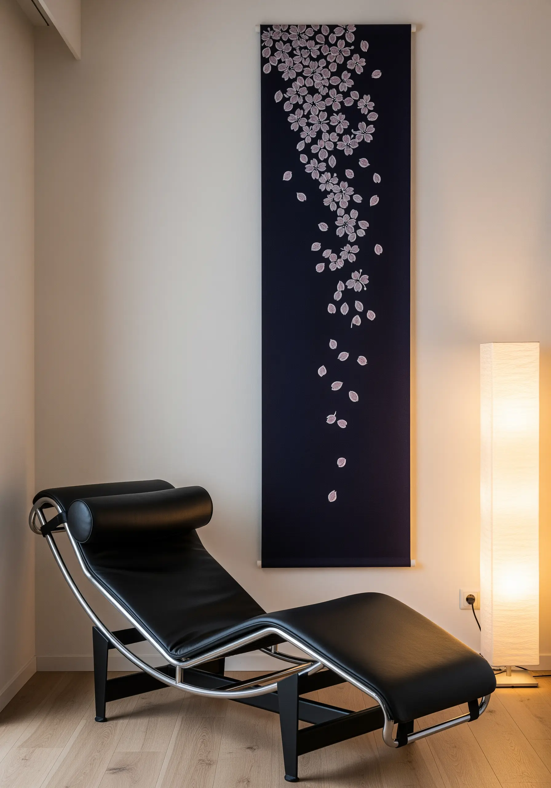 A tall, dark blue wall hanging with a cascade of white and pink cherry blossoms.