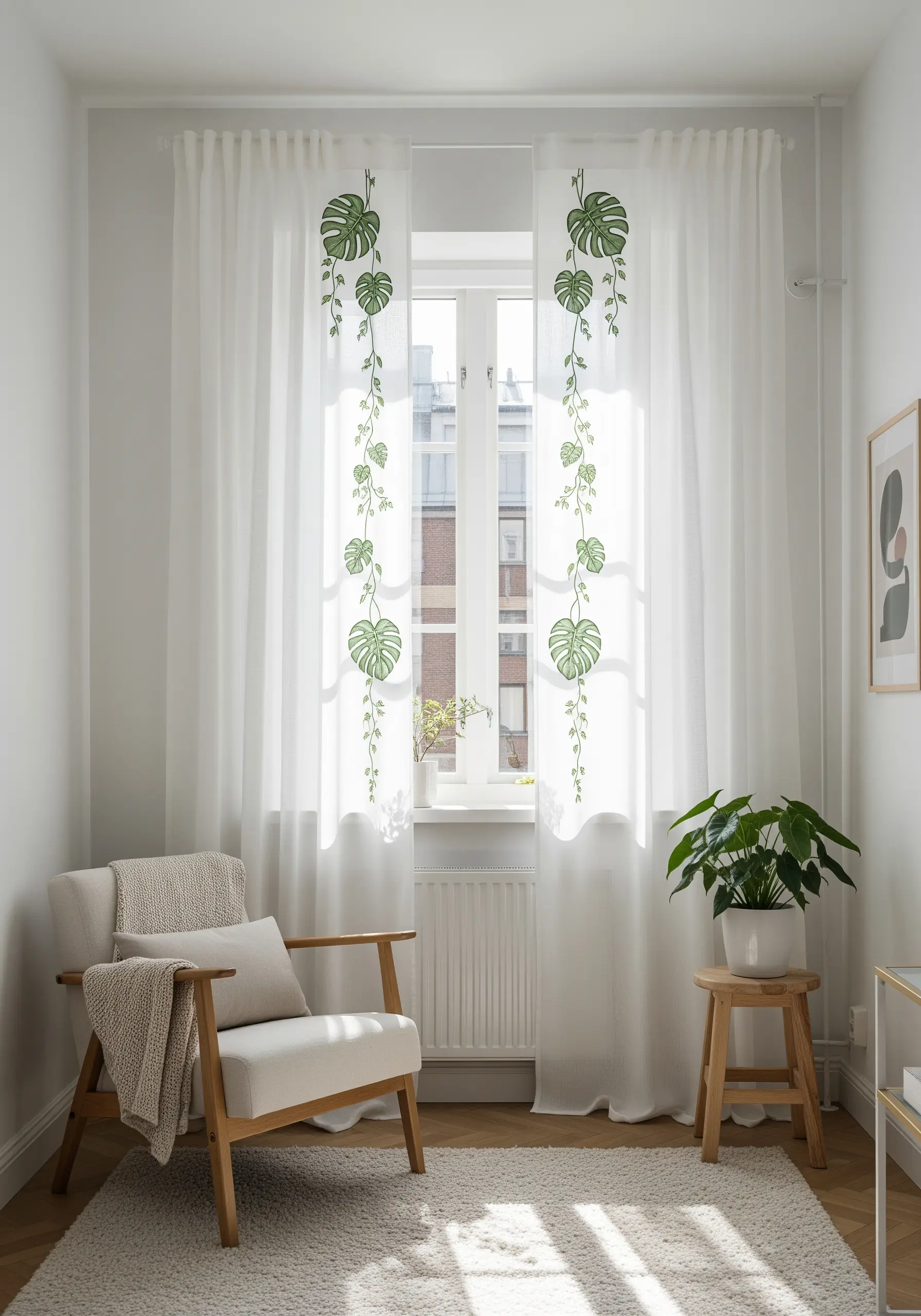Embroidered monstera vines cascading down sheer white curtains in a bright room.