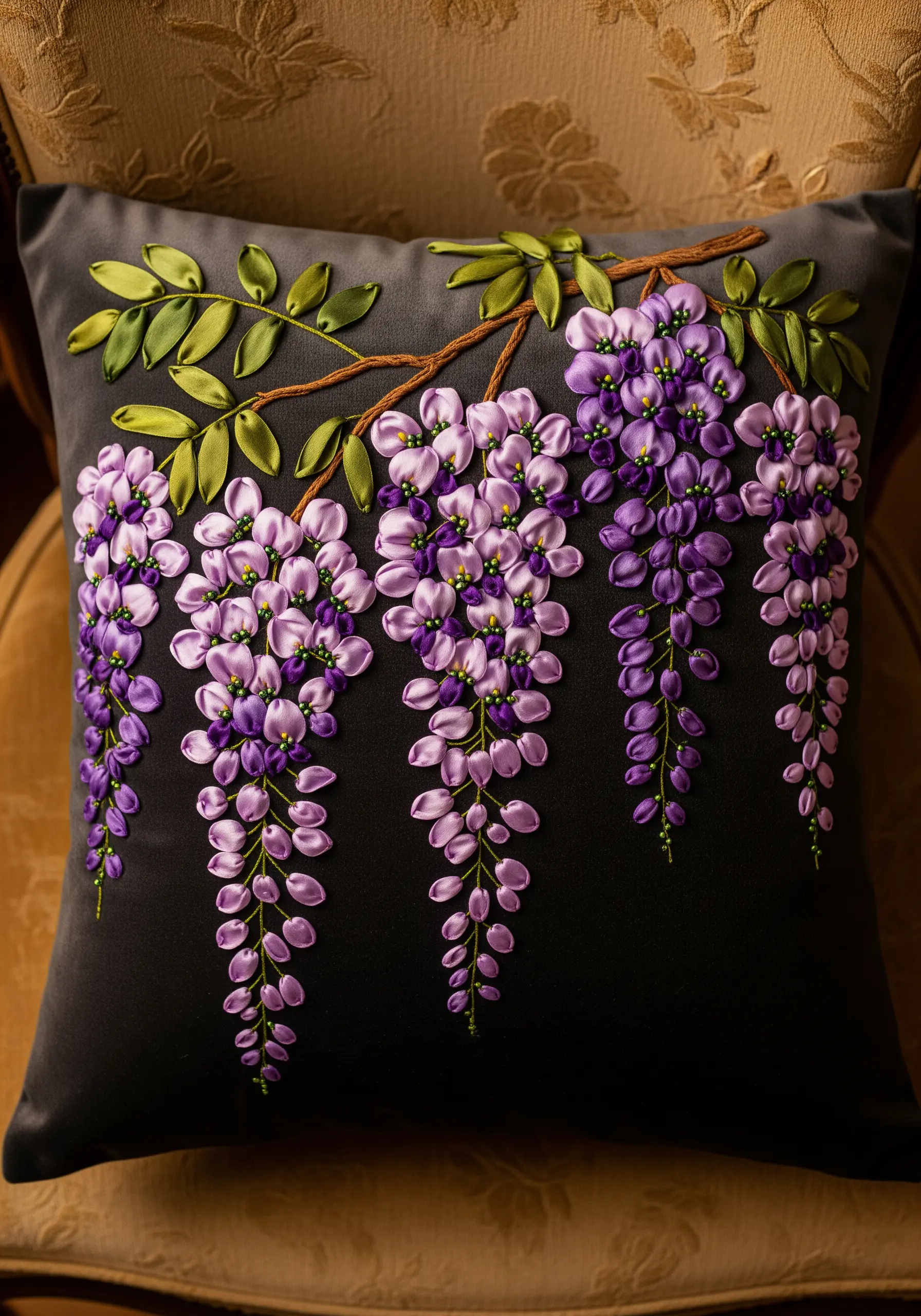 Ribbon embroidery of purple wisteria blossoms cascading down a dark grey velvet pillow.