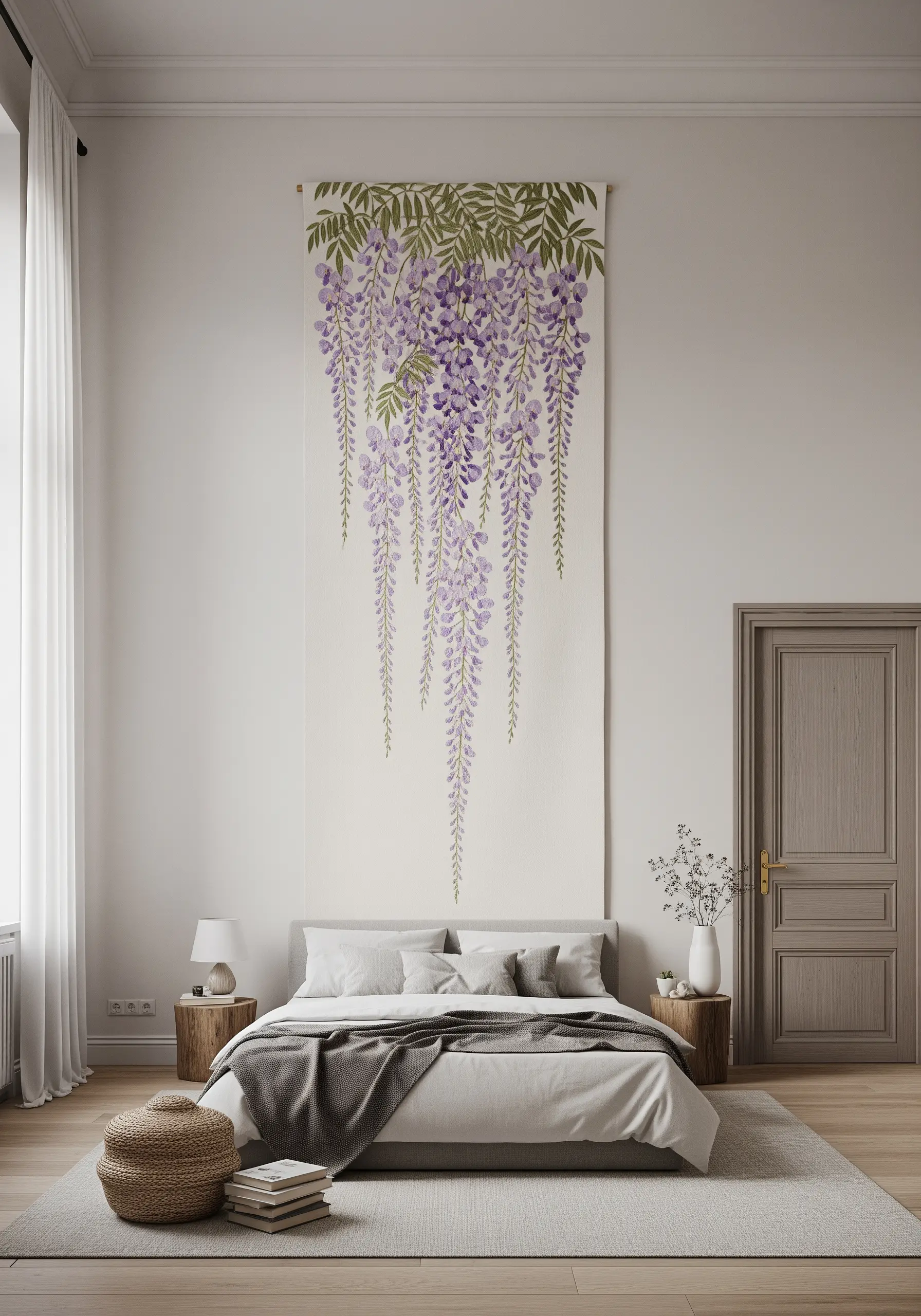 A tall wall tapestry with embroidered lavender wisteria hanging from green vines.