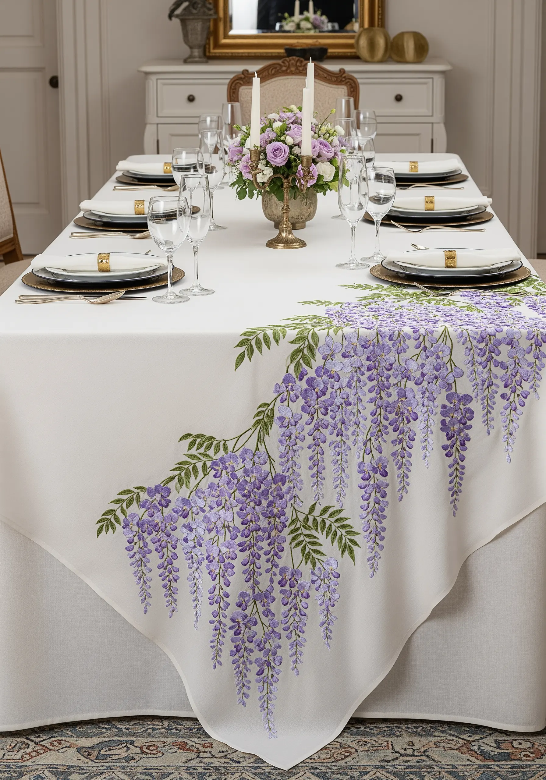 A white tablecloth with a large, cascading wisteria embroidery design in shades of purple and green.
