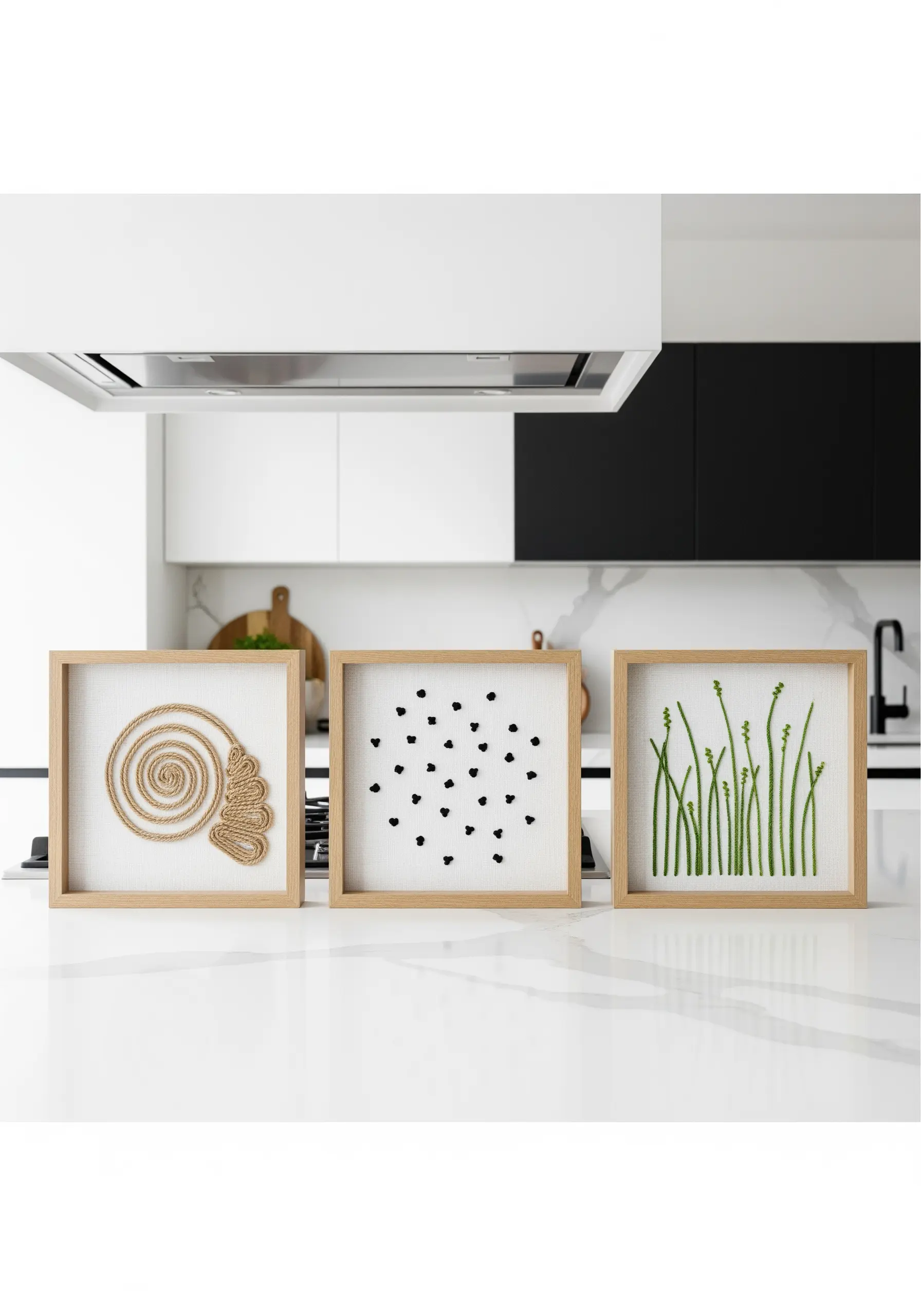 A triptych of minimalist framed art: a rope spiral, black dots, and green grasses.