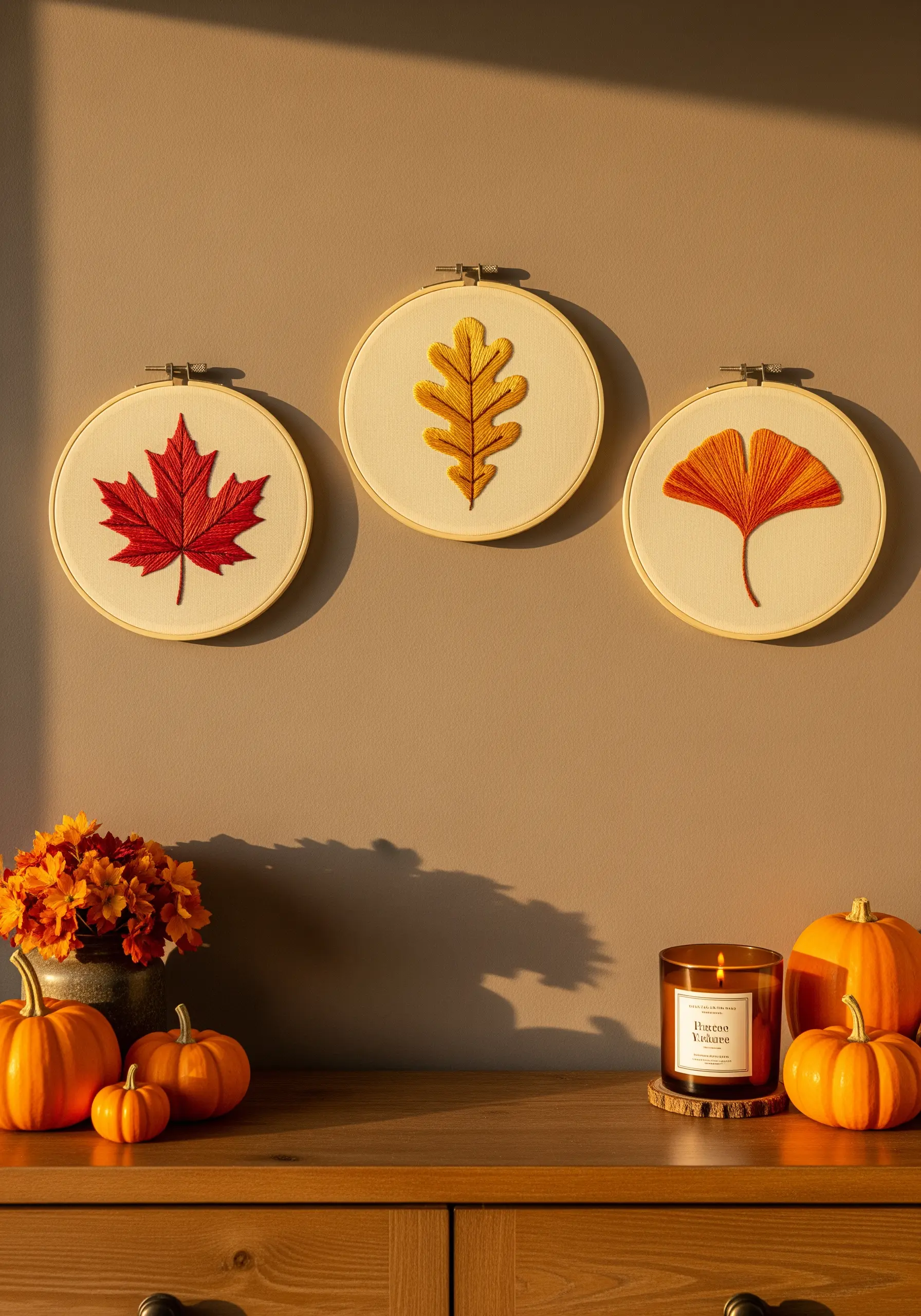Three small embroidery hoops with autumn leaves: a red maple, a golden oak, and an orange ginkgo.