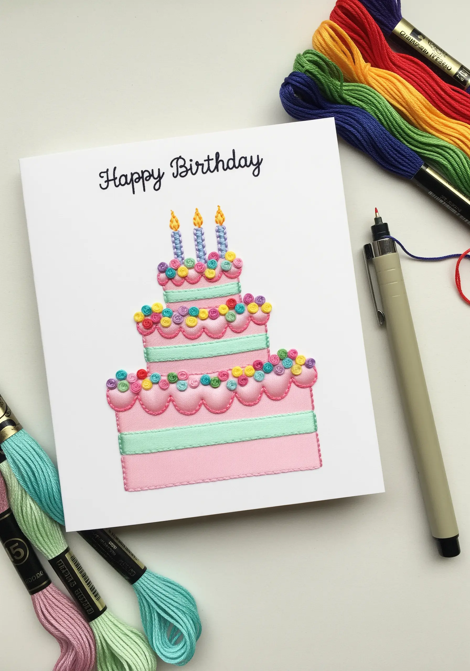 Birthday card featuring a colorful embroidered cake with dimensional stitches.