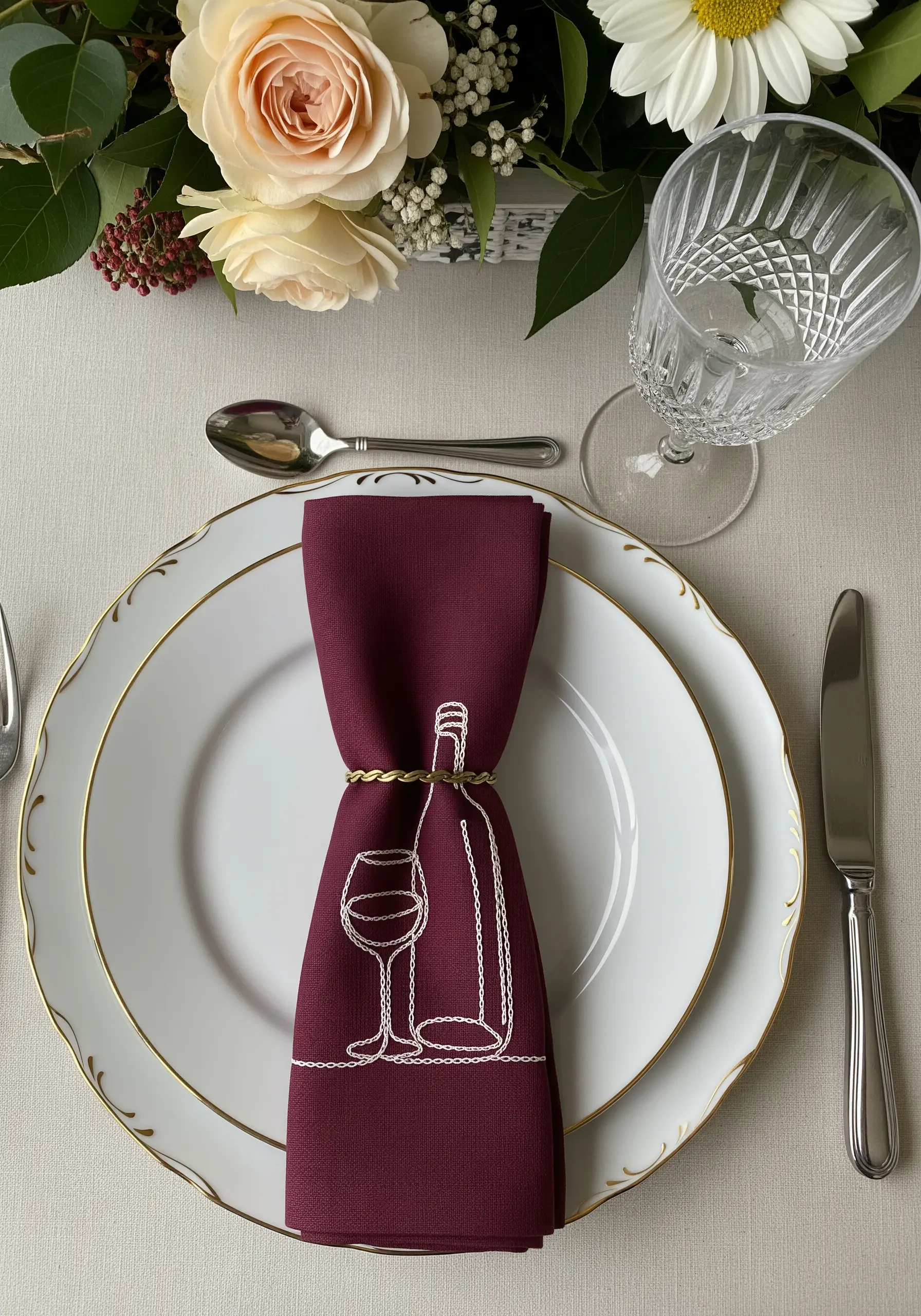 Continuous line art of a wine bottle and glass on a burgundy napkin.