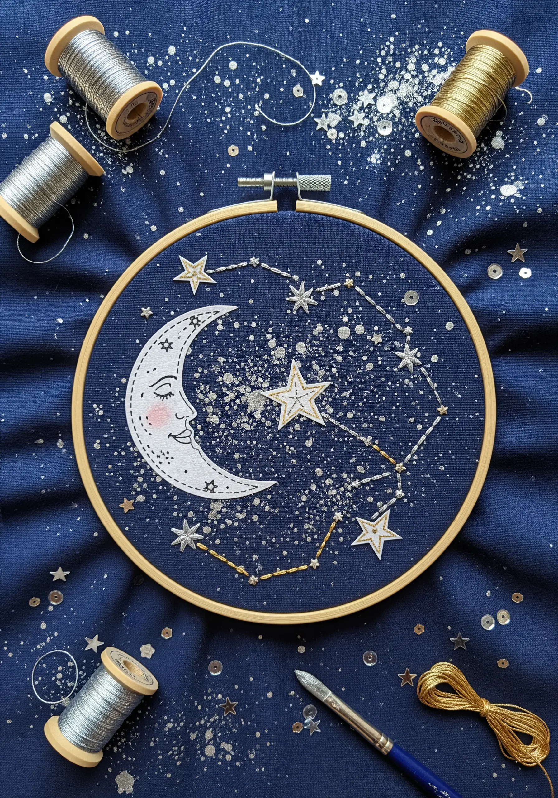 Celestial hoop art with a paper moon, metallic thread constellations, and paint splatters.