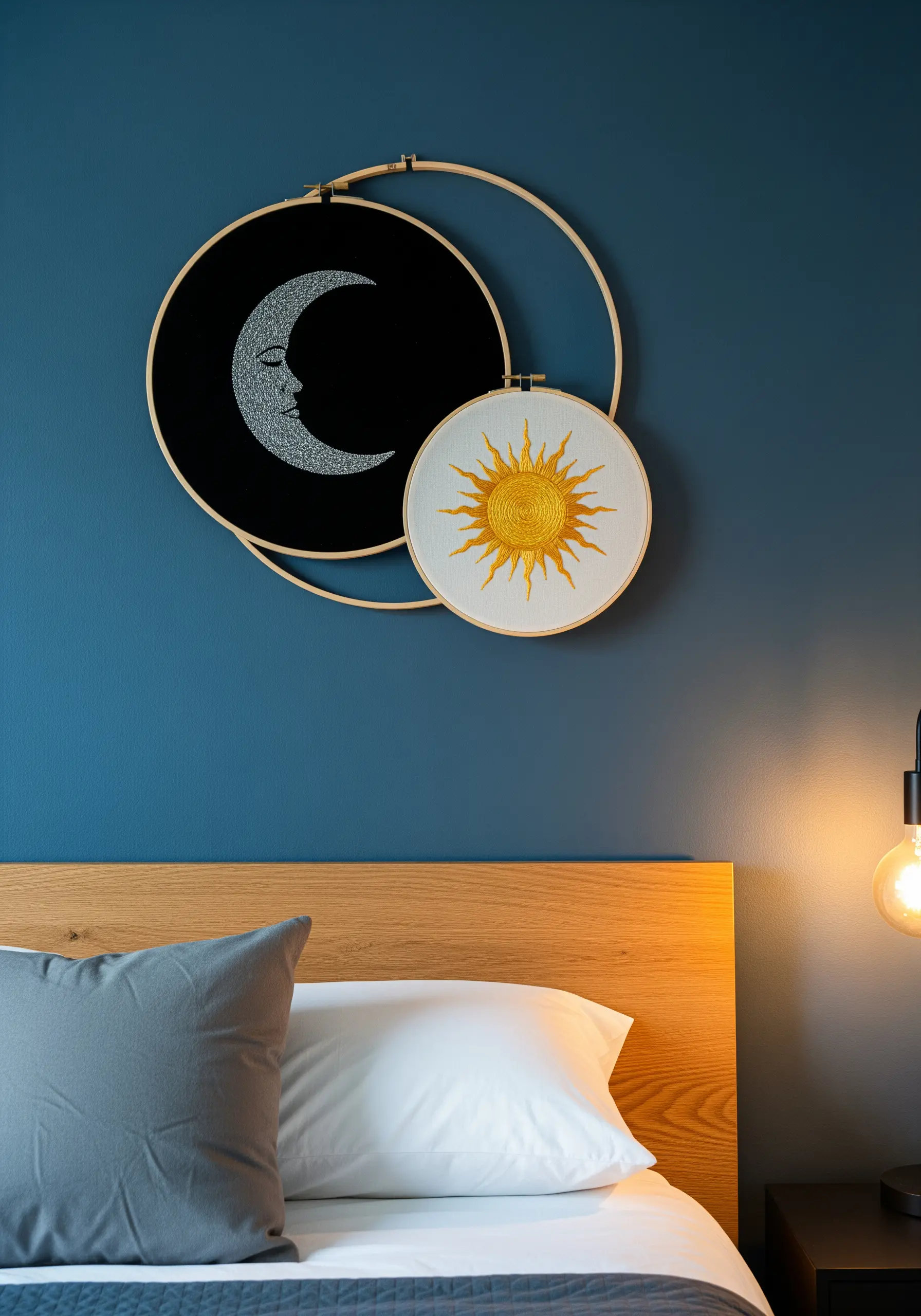 Two overlapping embroidery hoops with a metallic moon and a golden sun against a blue wall.